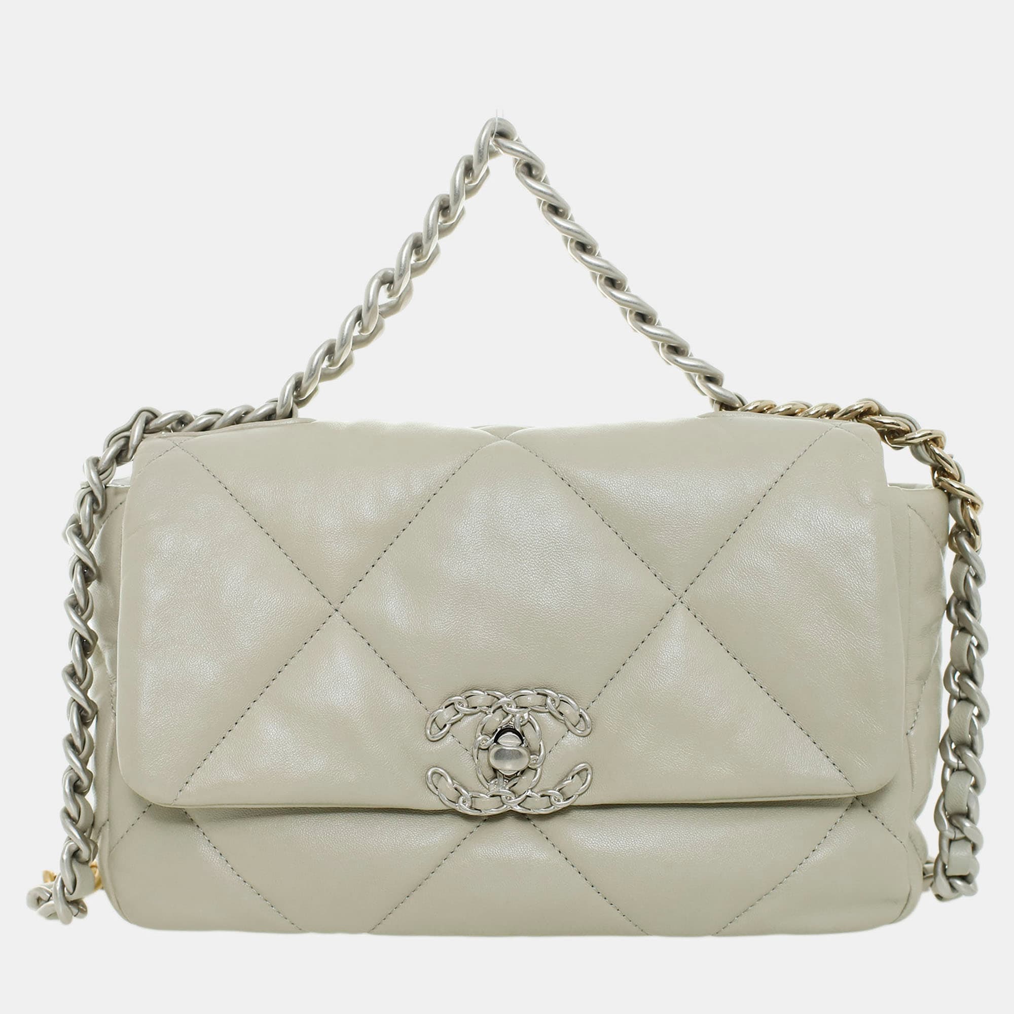 Chanel 19 Small Flap Bag Light Gray Lambskin Leather Shoulder Bag