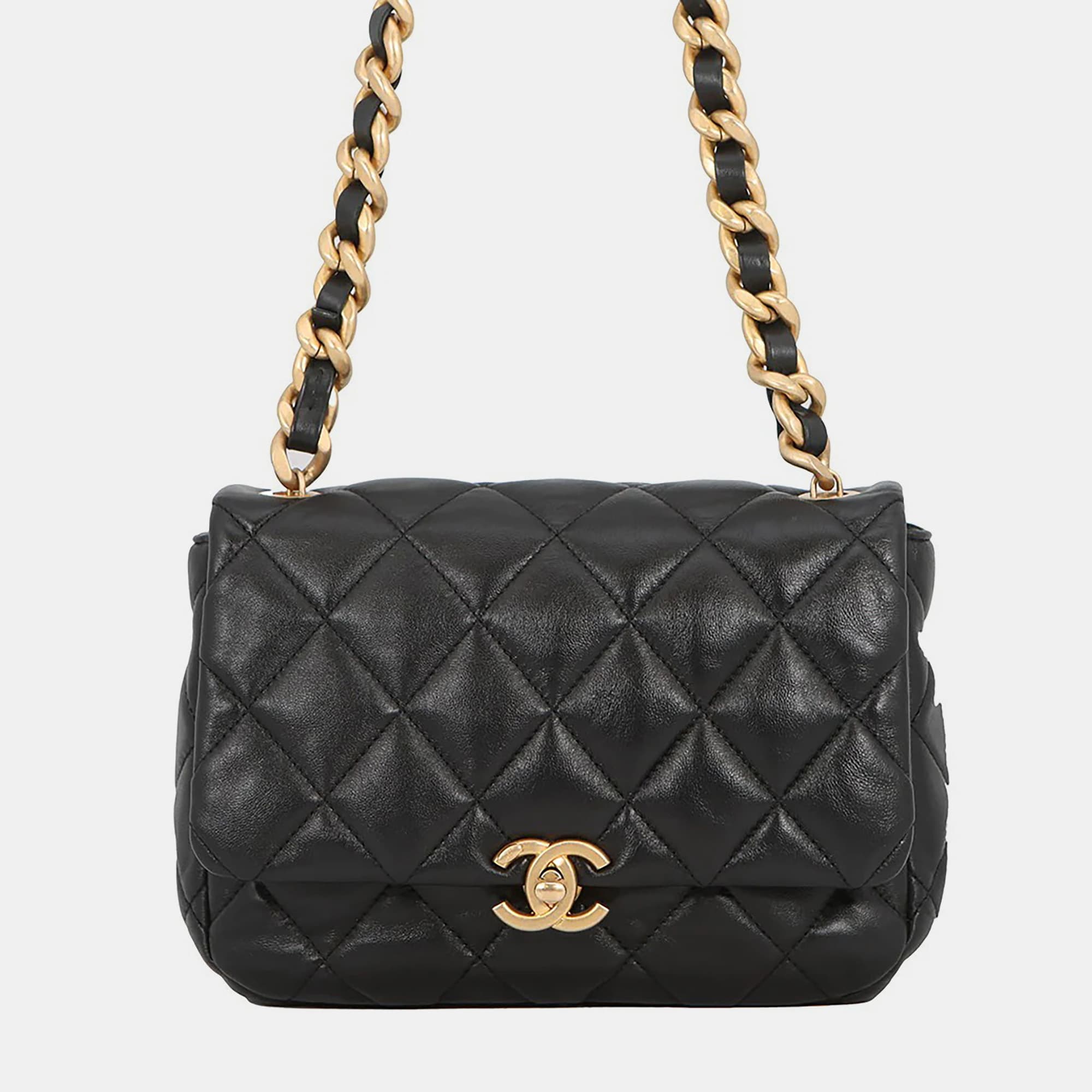 Chanel Single Flap Small Black Lambskin Leather Shoulder Bag