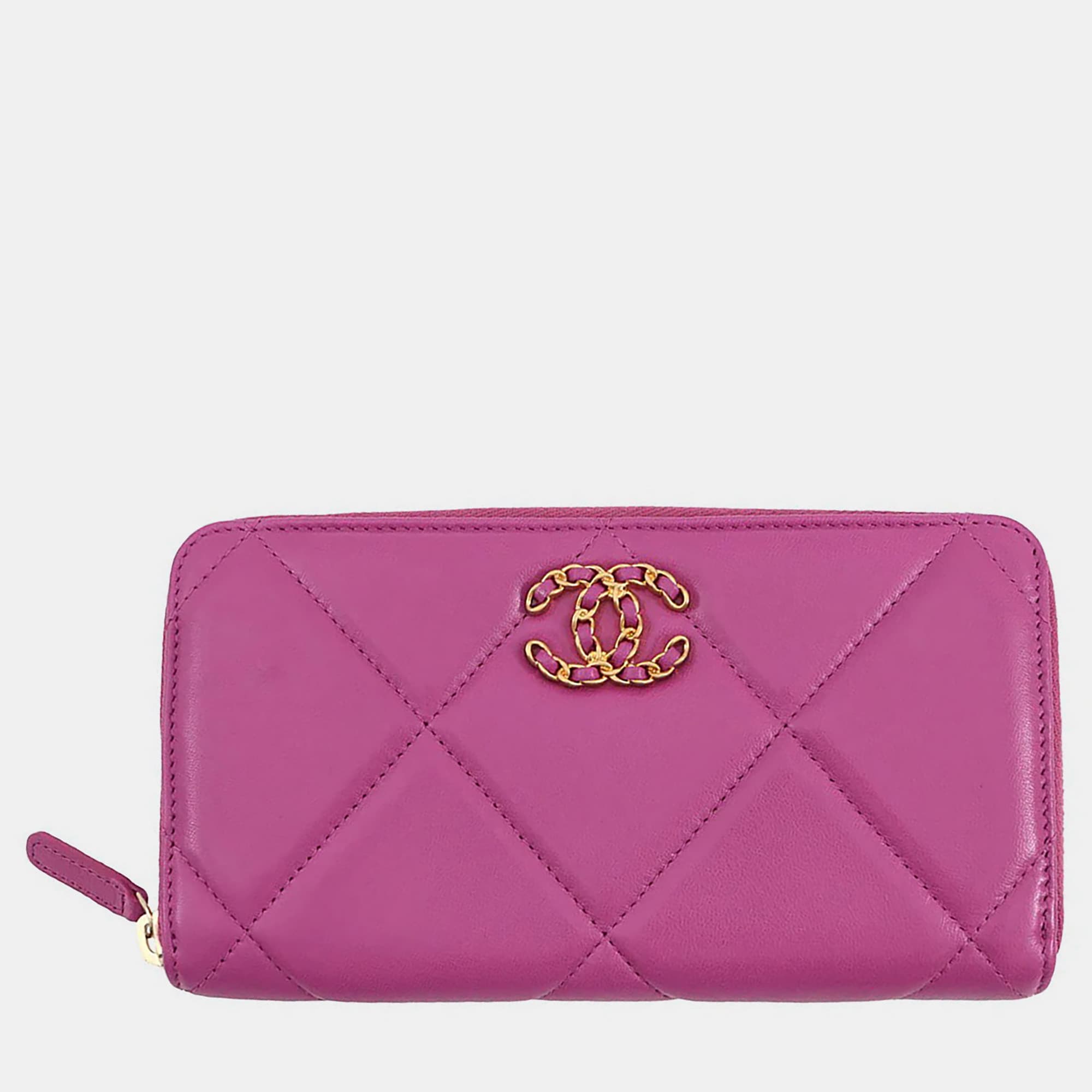 Chanel 19 Zip Wallet Small Purple Lambskin Leather Zip Wallet