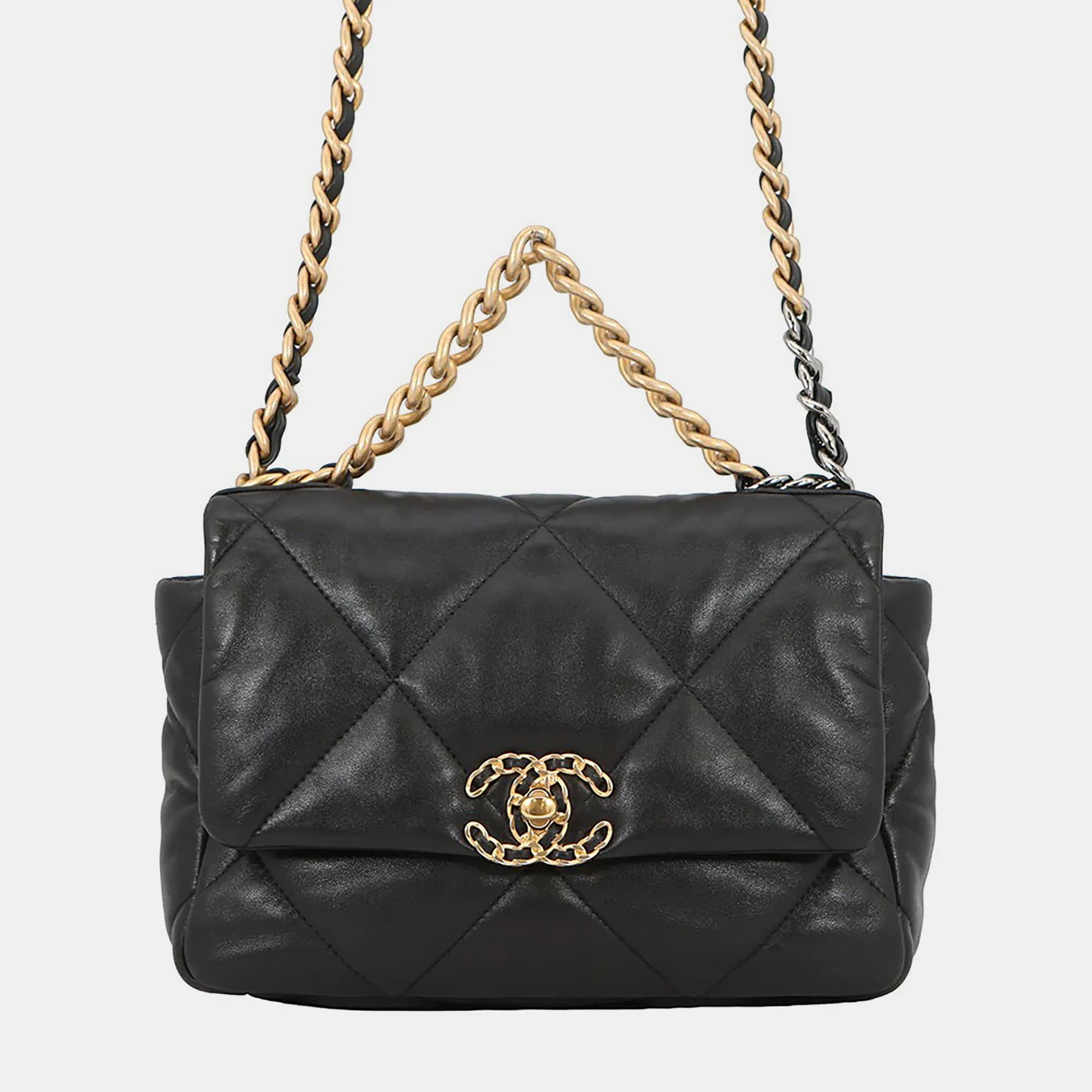 Chanel 19 Small Black Shiny Lambskin Leather Flap Bag