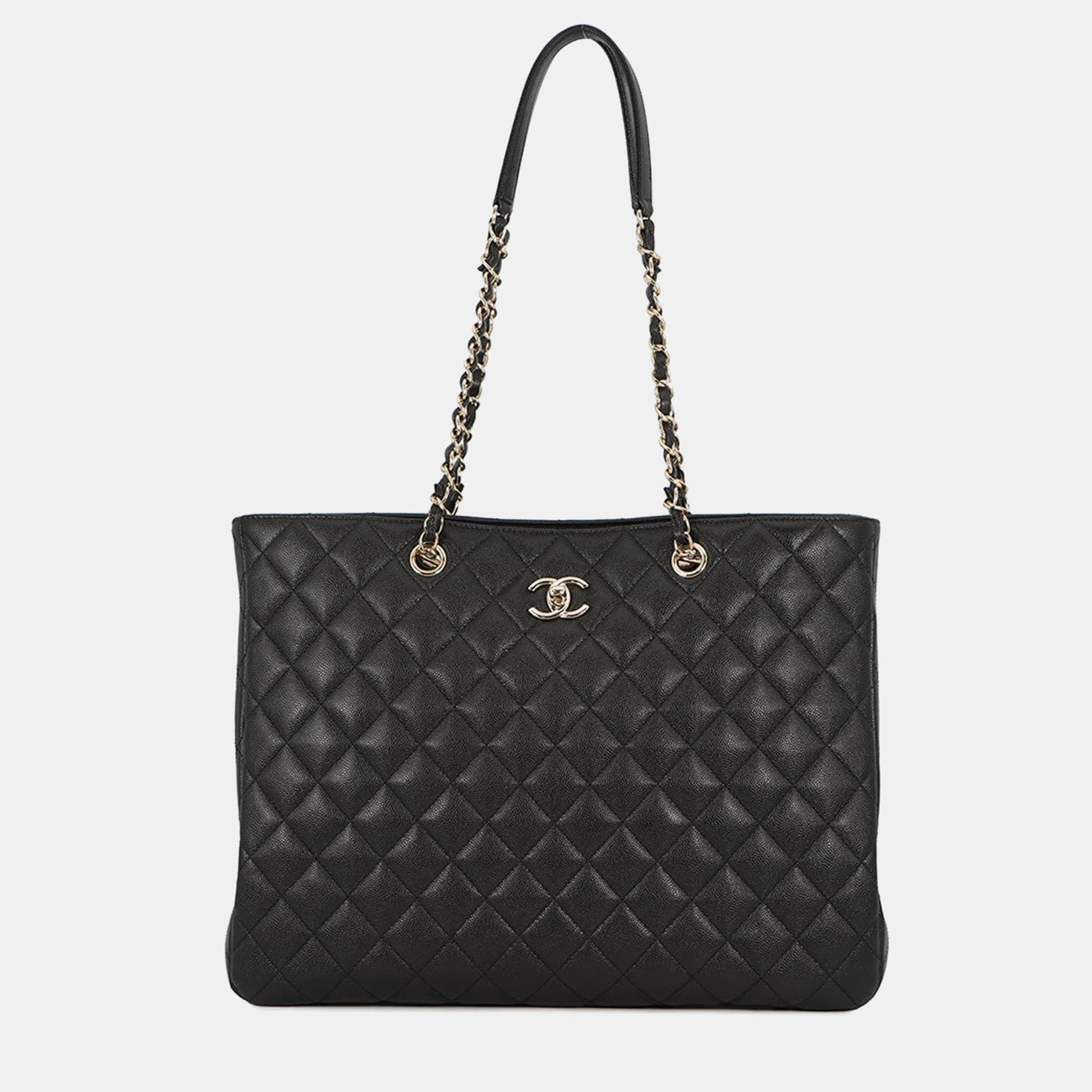 Chanel Matelasse Chain Tote Large Black Caviar Leather Tote Bag