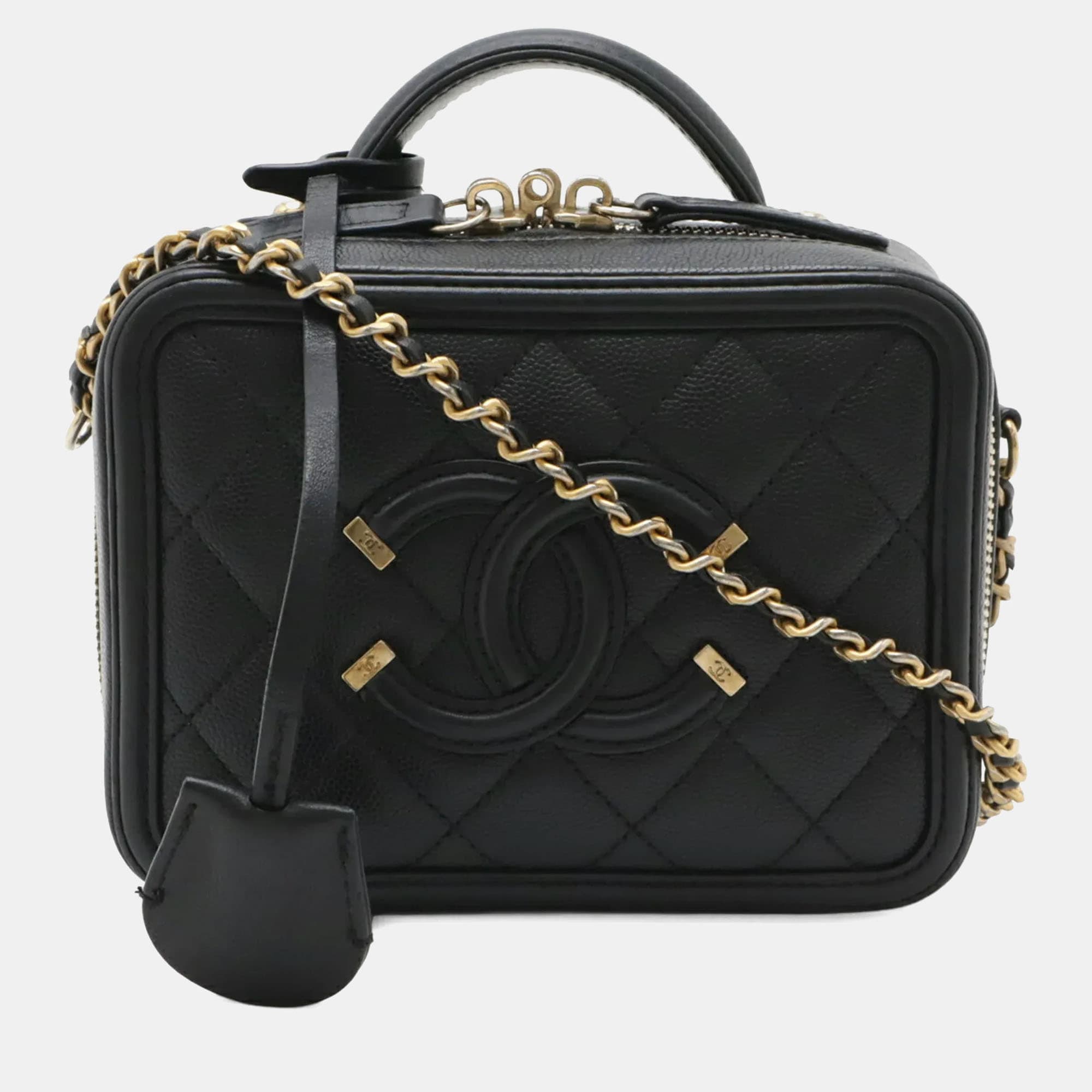 Chanel CC Filigree Small Black Caviar Leather Chain Shoulder Bag