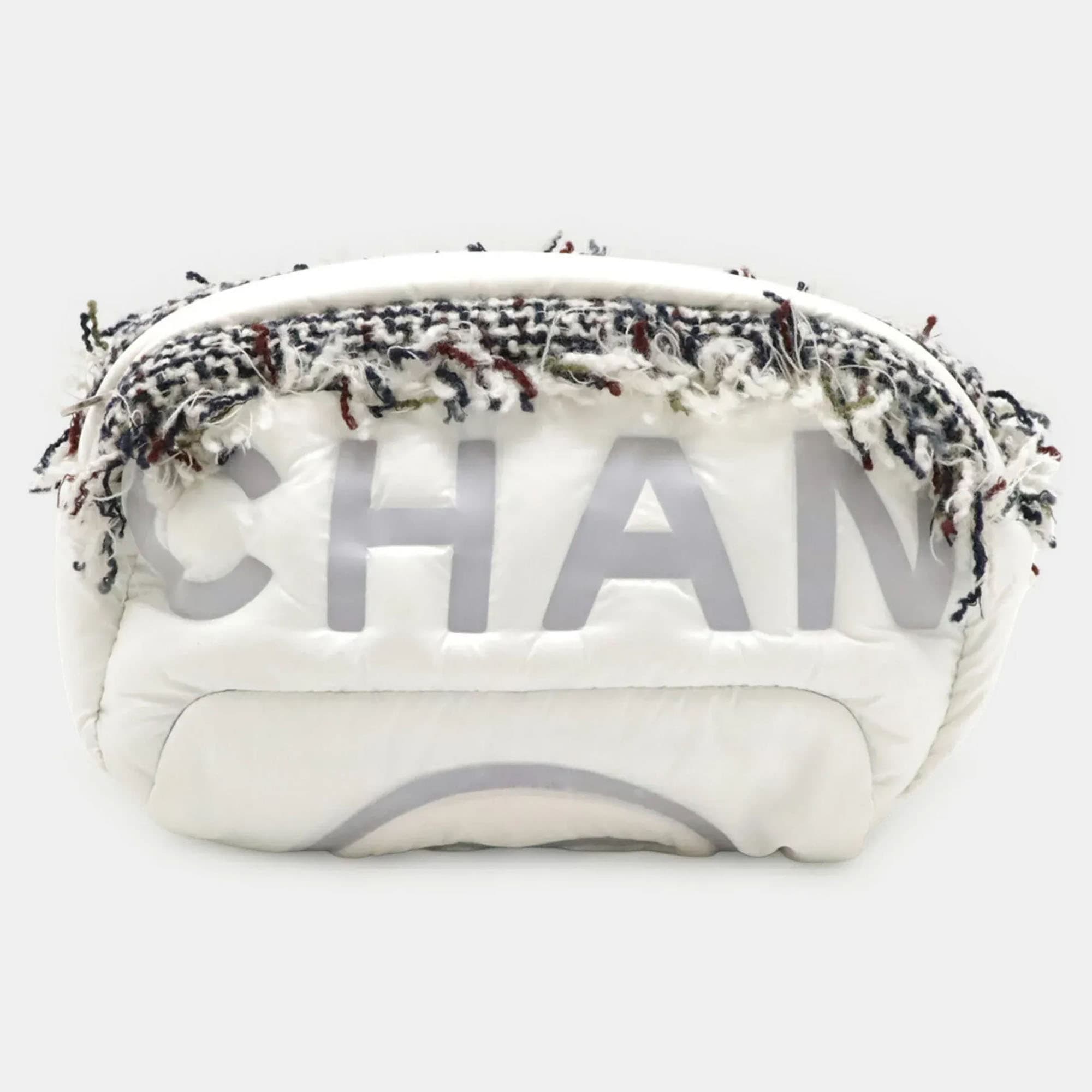 Chanel Doudoune Coconeige White Gray Embossed Nylon Tweed Waist Pouch Bag