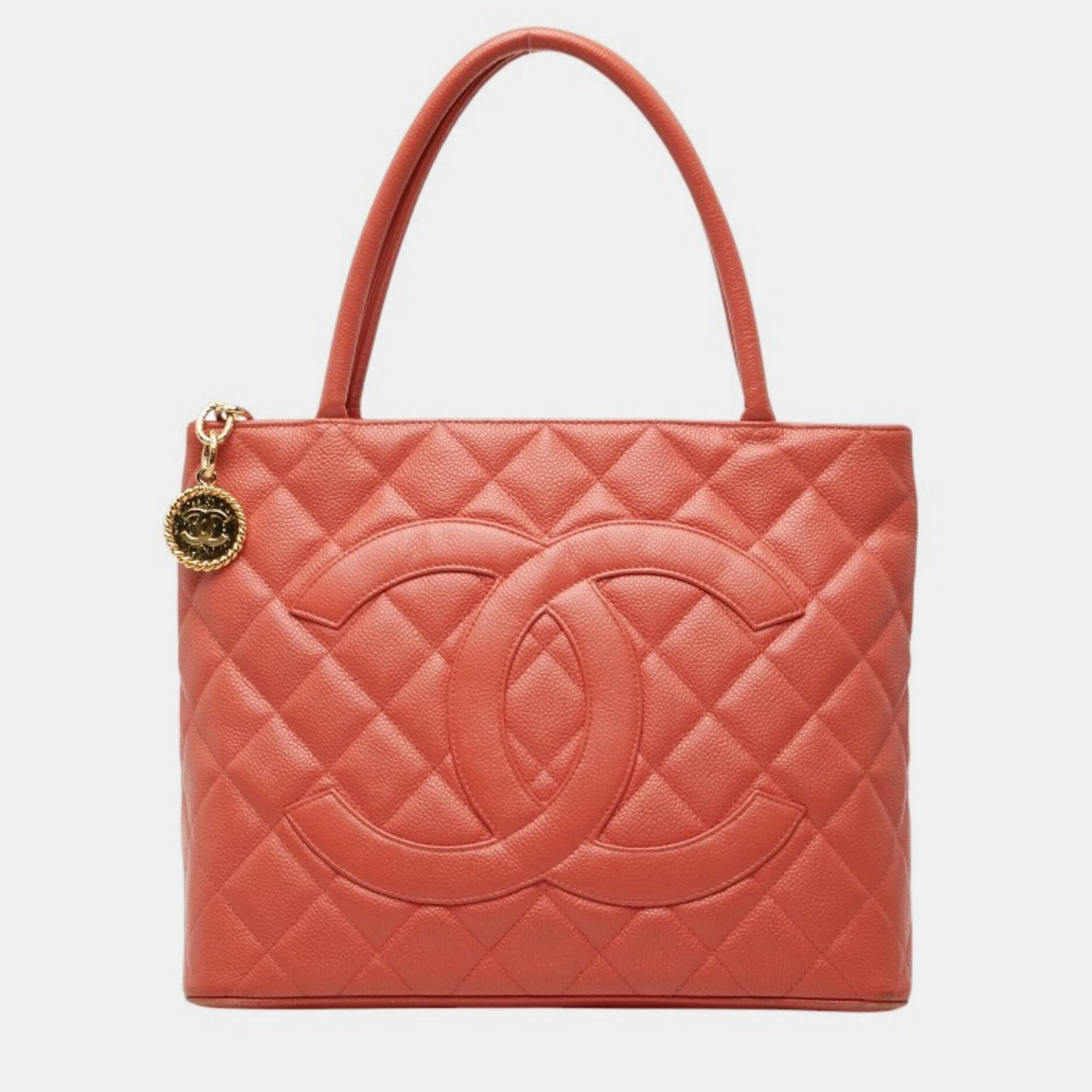 Chanel Medallion Orange Caviar Skin Leather Tote Bag