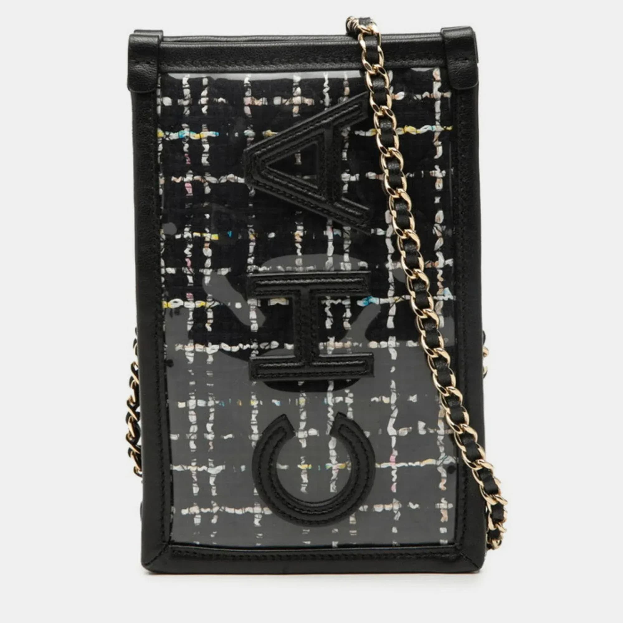 Chanel Logo Tweed PVC Lambskin Phone Pouch with Chain Crossbody Bag