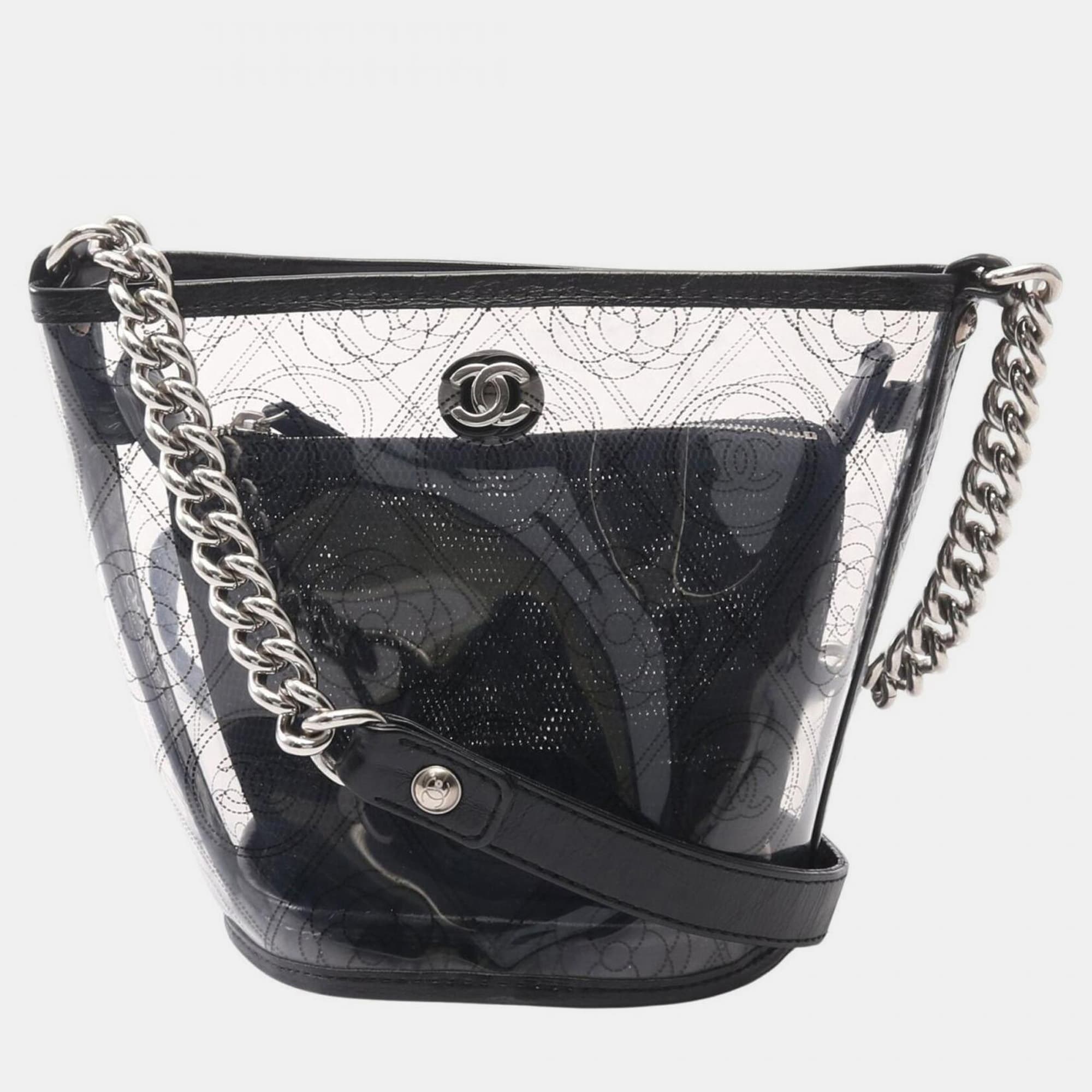 Chanel Camellia Medium Clear Black PVC Crumpled Calfskin Leather Shoulder Bucket Bag