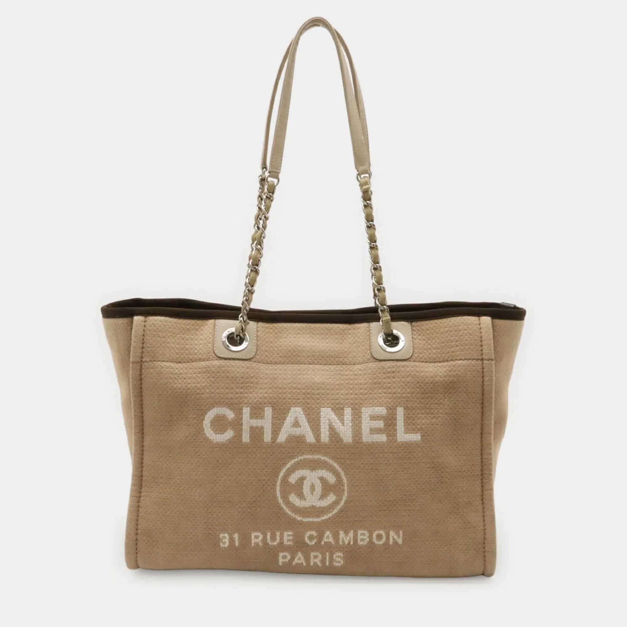 Chanel Deauville MM Beige Canvas Brown Leather Shoulder Tote Bag