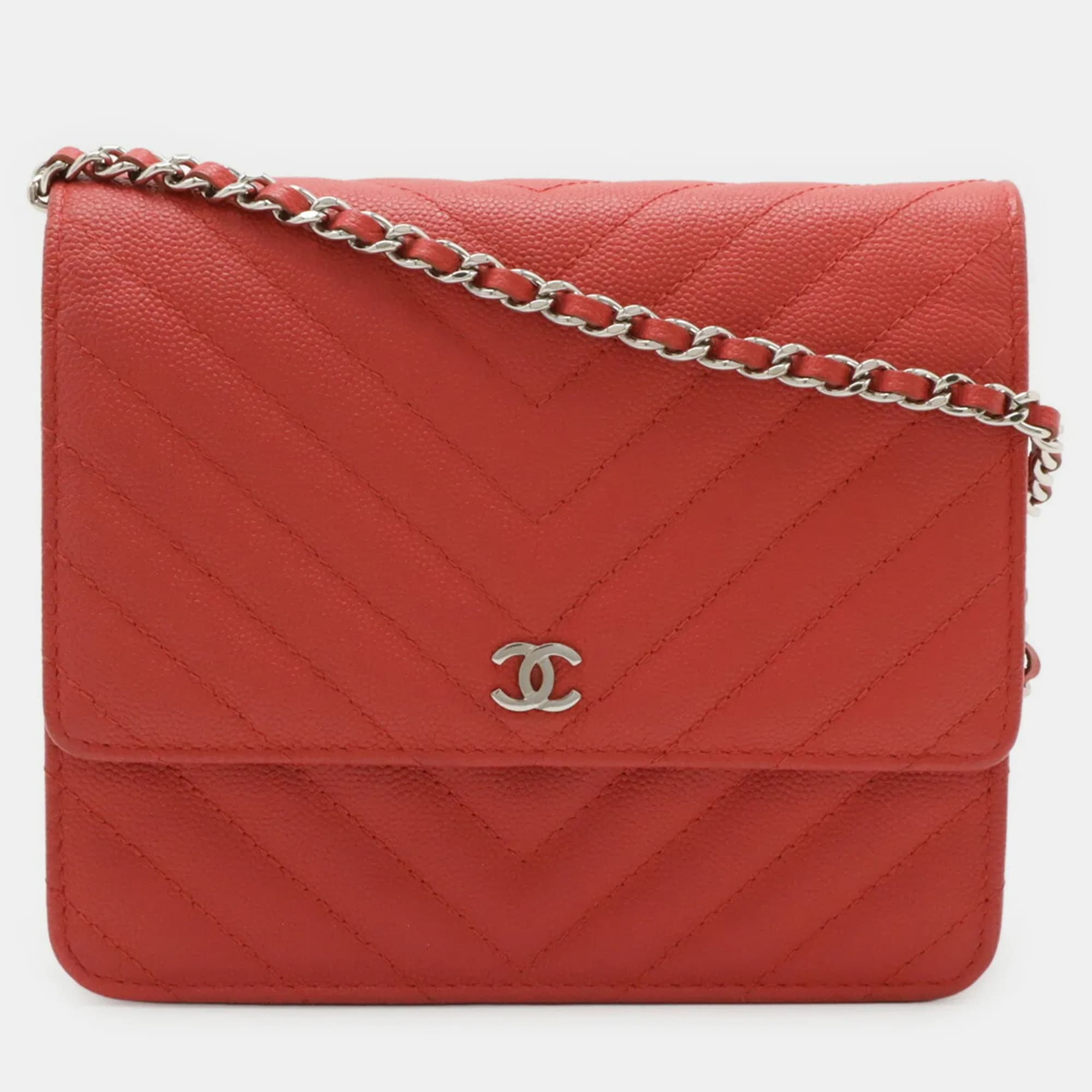 Chanel Chevron Wallet on Chain Red Caviar Leather Crossbody Bag