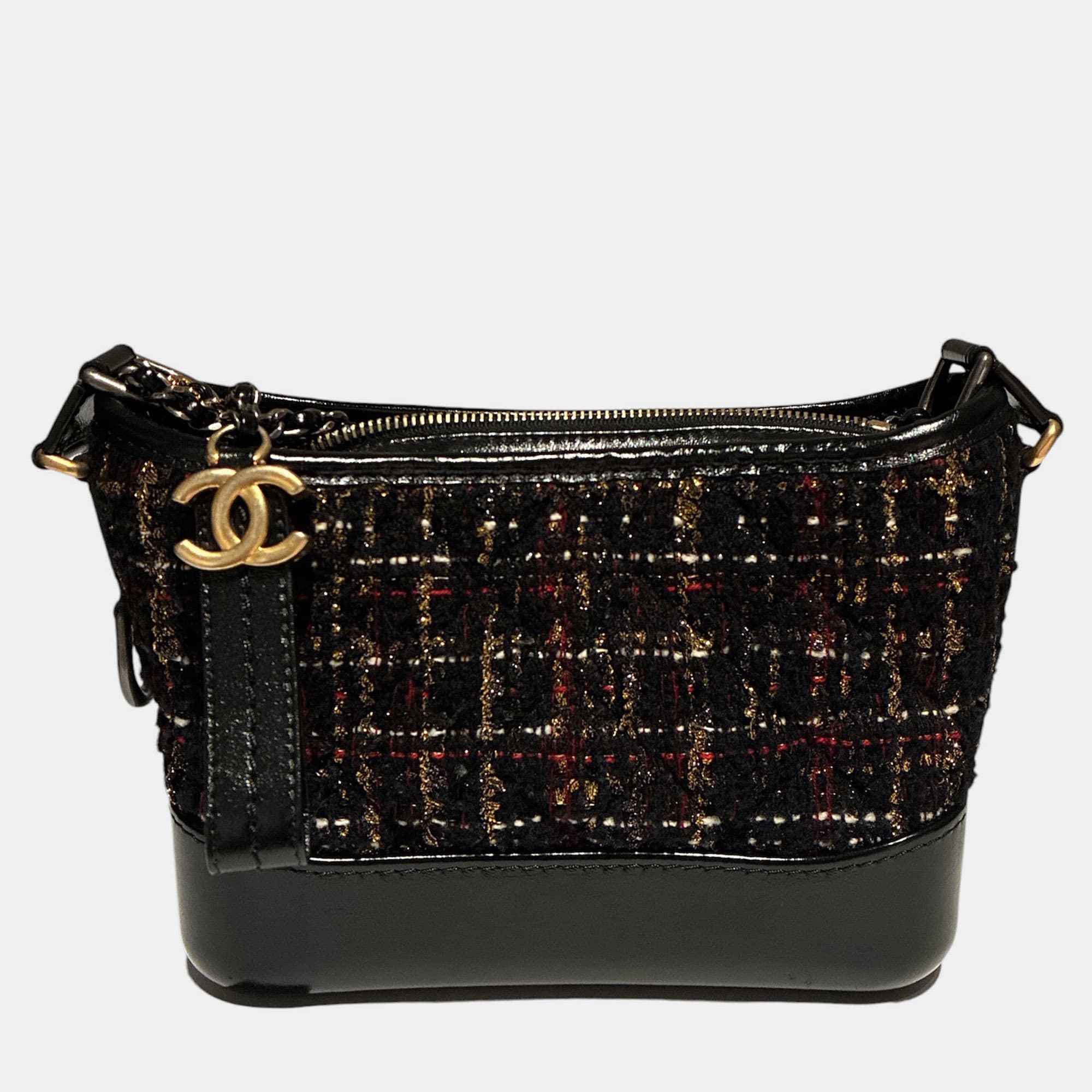 Chanel Gabrielle Small Black Tweed Patent Leather Hobo Bag