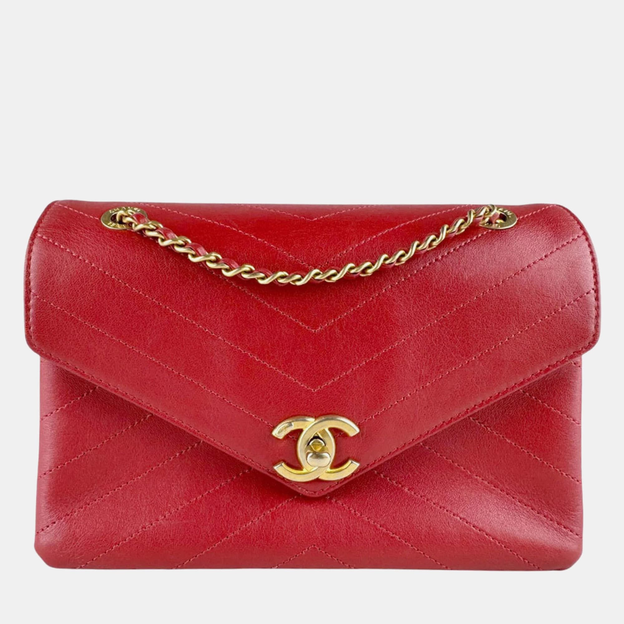 Chanel Coco Chevron Small Red Lambskin Leather Envelope Flap Bag