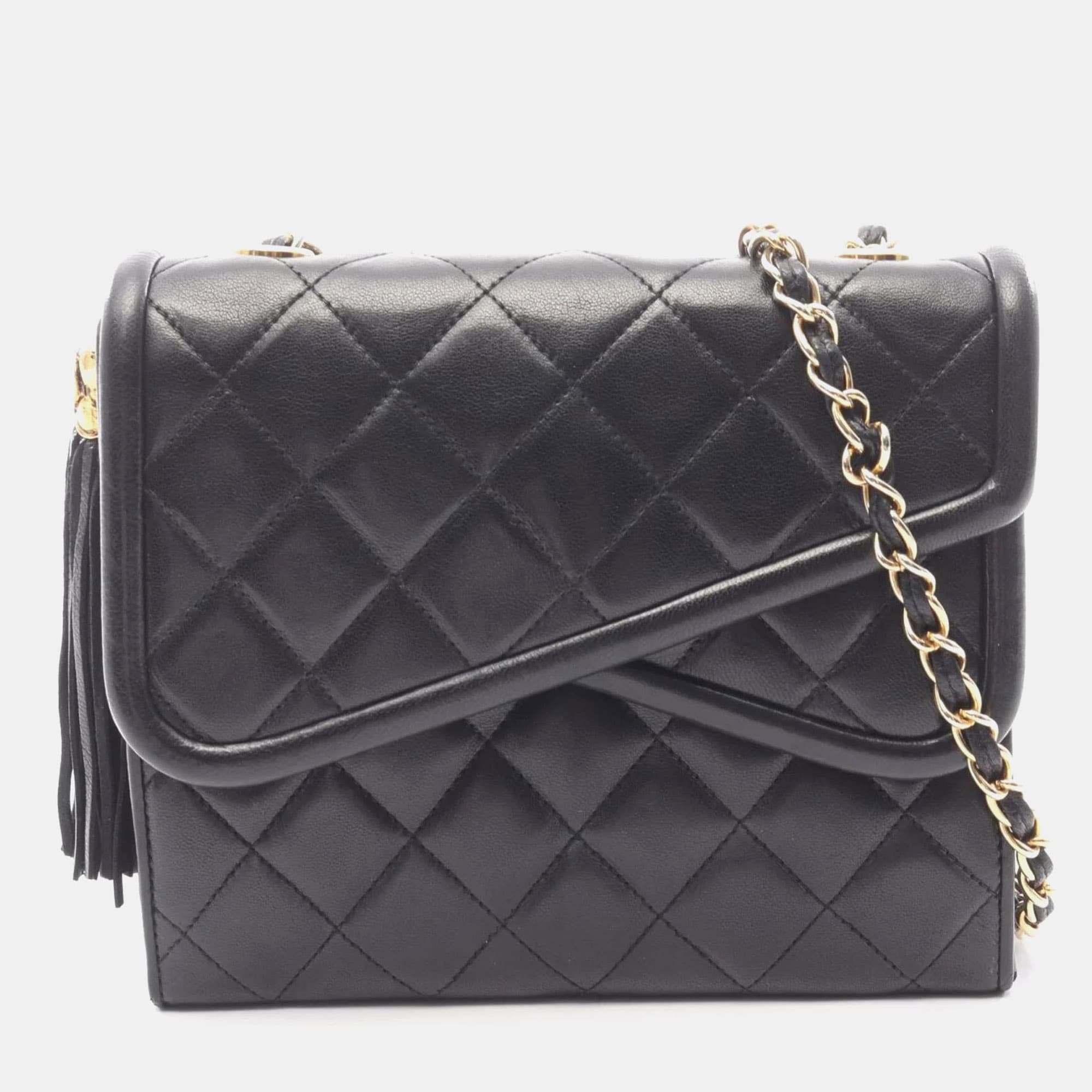 Chanel Vintage Matelasse Asymmetrical Flap Fringe Tassel Black Lambskin Leather Shoulder Bag