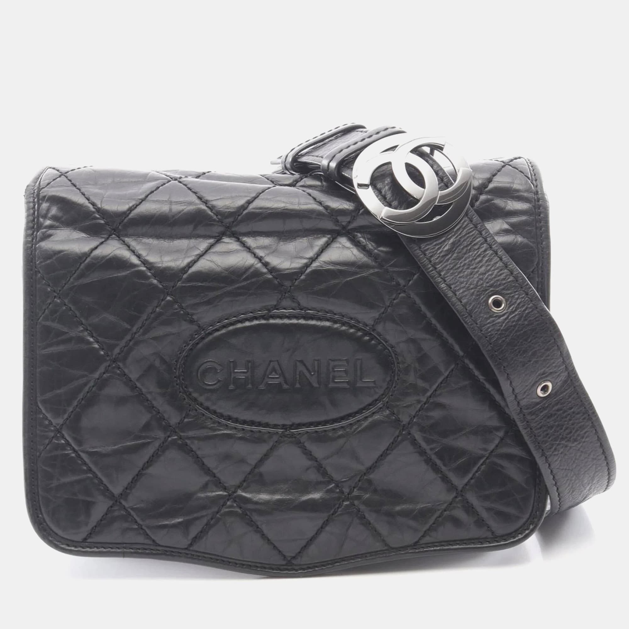 Chanel Oval Logo Medium Black Aged Calfskin Leather Shoulder Bag