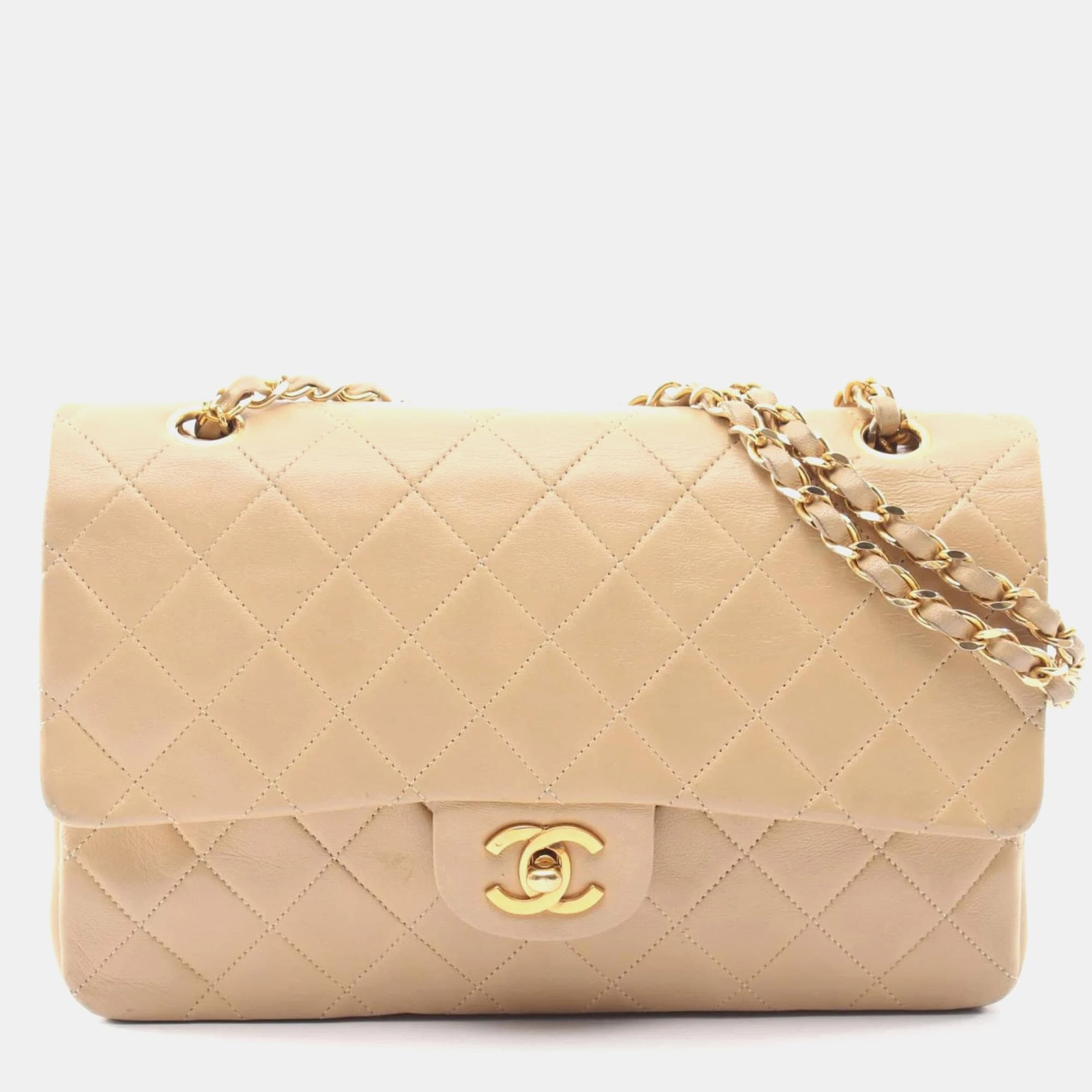 Chanel Classic Medium Beige Lambskin Leather Shoulder Bag