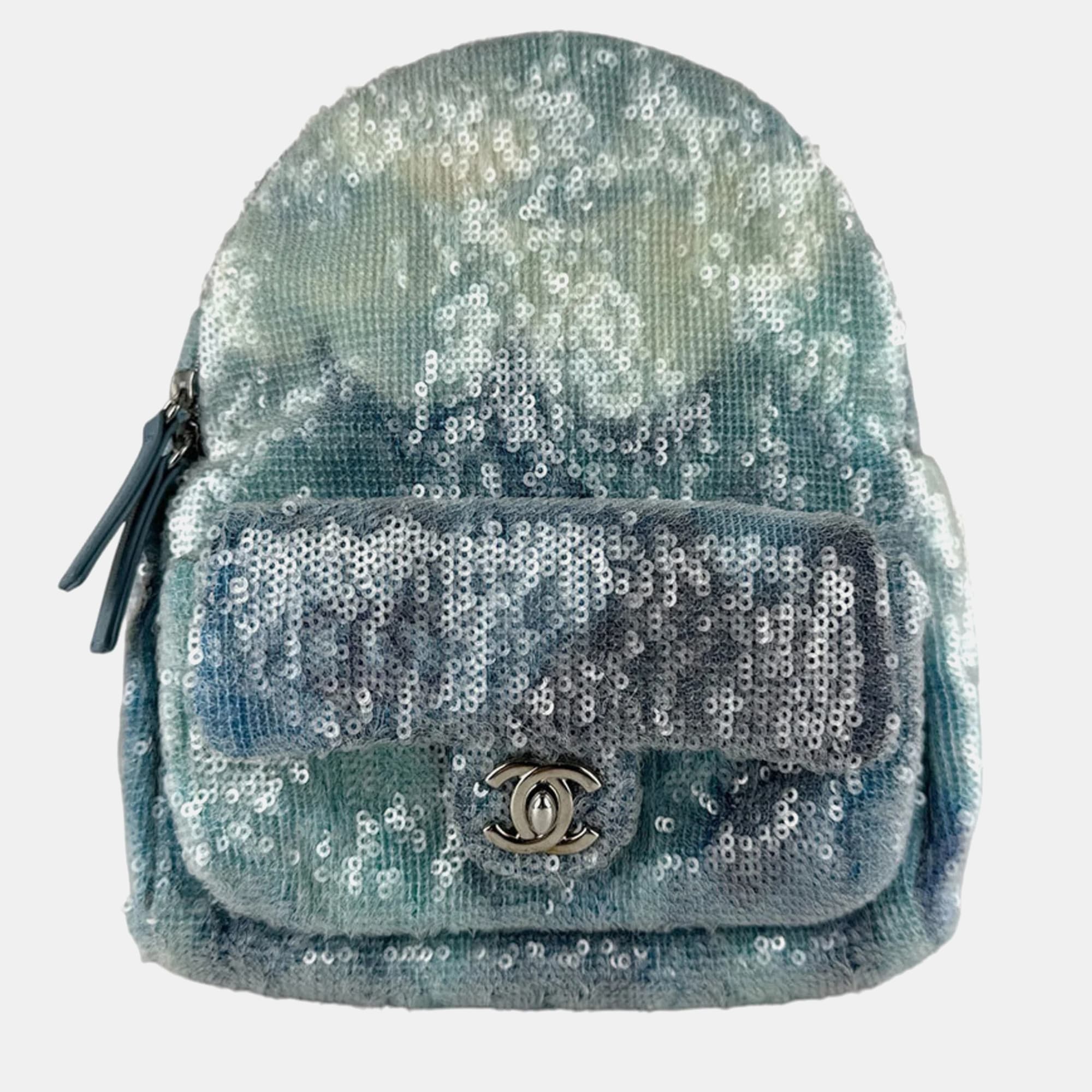 Chanel Mini Waterfall Blue Sequins Lambskin Backpack Bag
