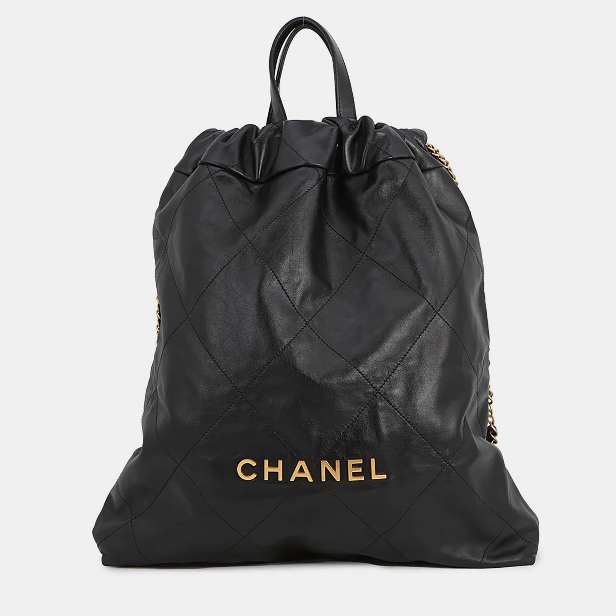 Chanel Chanel 22 Large Black Shiny Calfskin Leather Backpack Bag