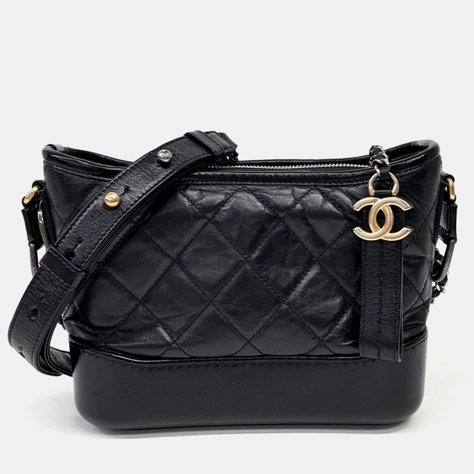 Chanel Gabrielle Small Black Calfskin Leather Hobo Bag