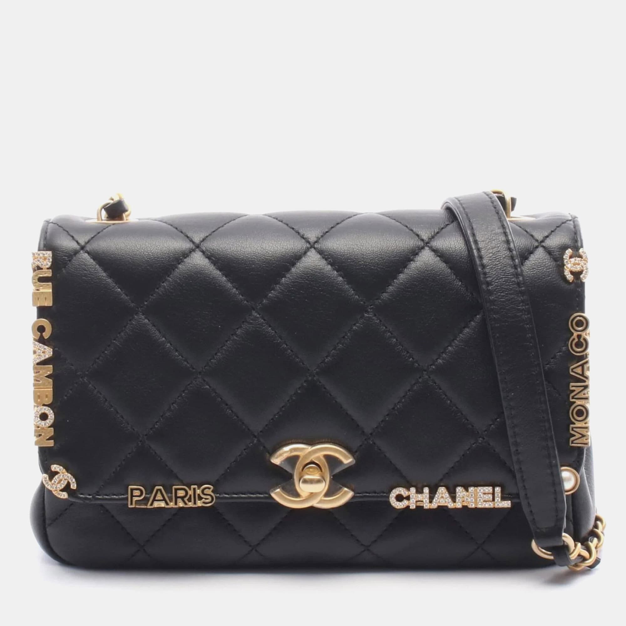 Chanel Matelasse Mini Flap Black Lambskin Leather Shoulder Bag