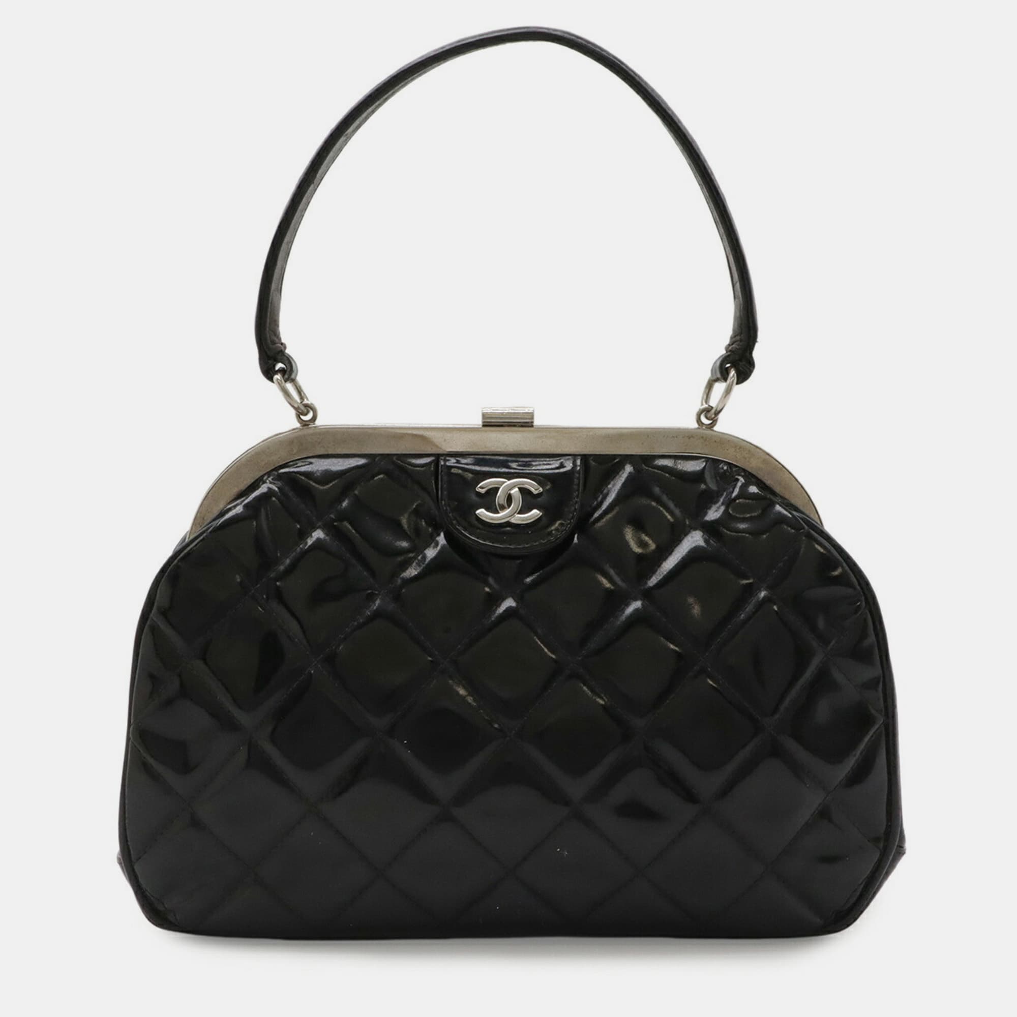 Chanel Matelasse Coco Mark Black Quilted Patent Leather Top Handle Bag