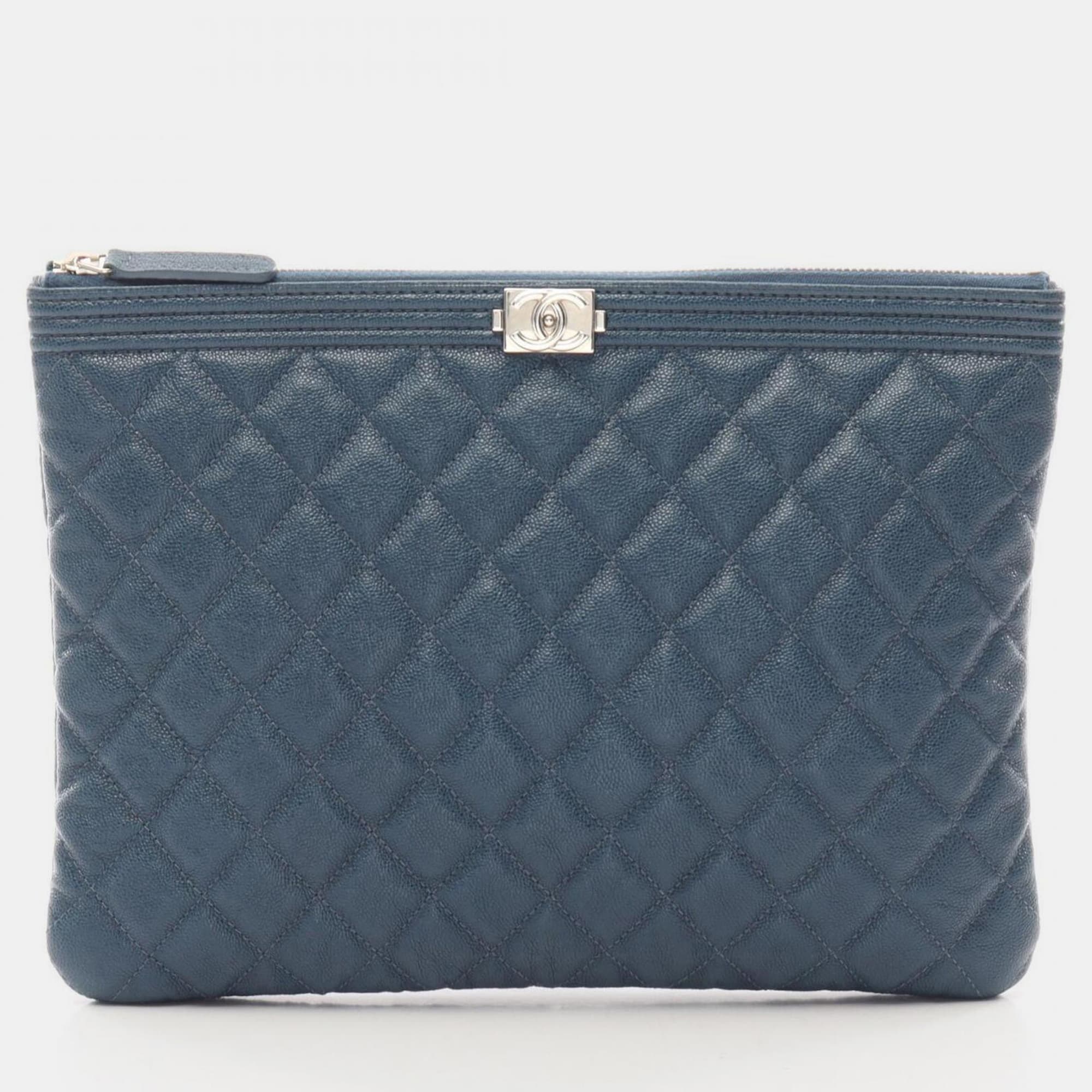 Chanel Boy Medium Navy Grained Calfskin Leather Pouch Bag