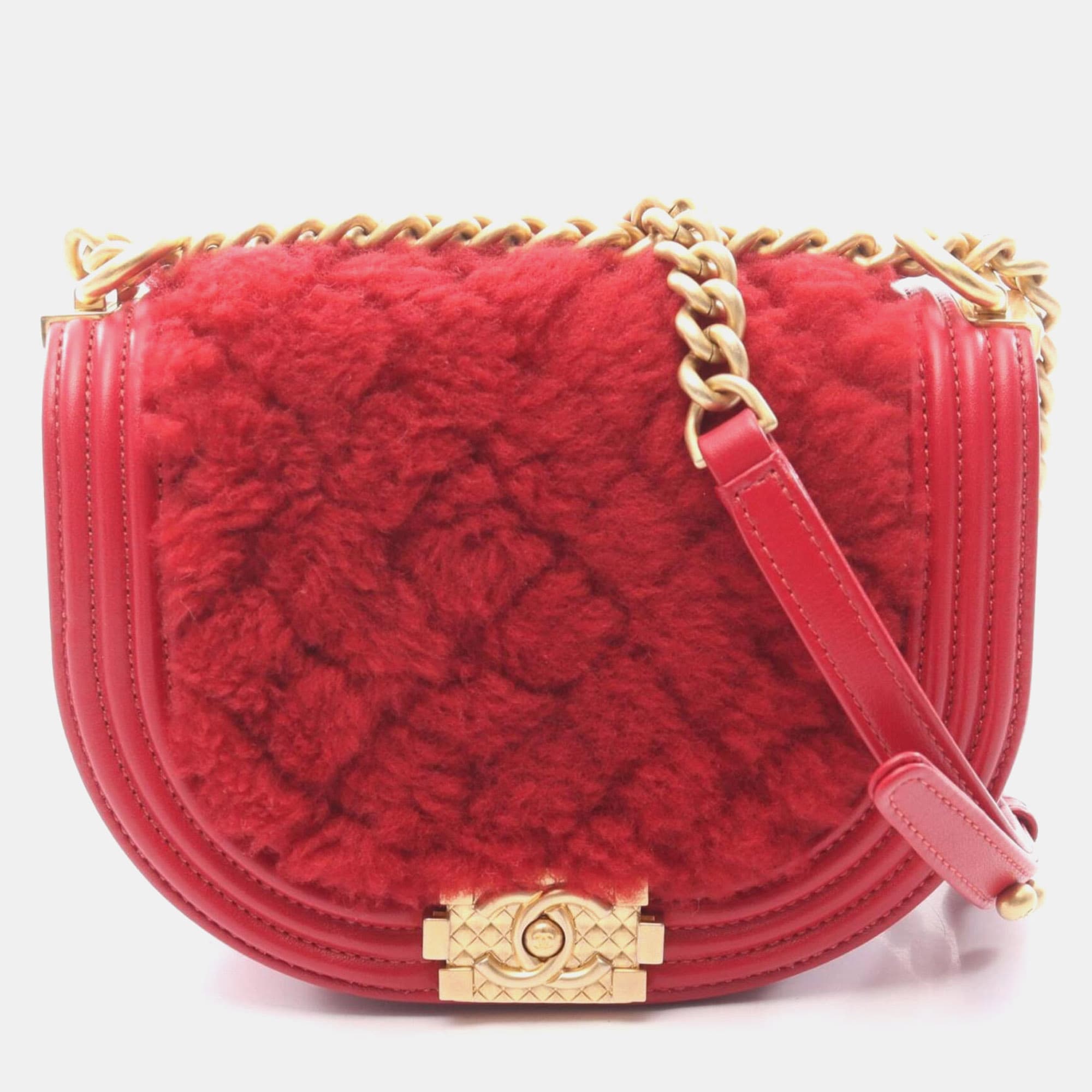 Chanel Boy Curved Messenger Small Red Lambskin Shearling Calfskin Leather Shoulder Bag
