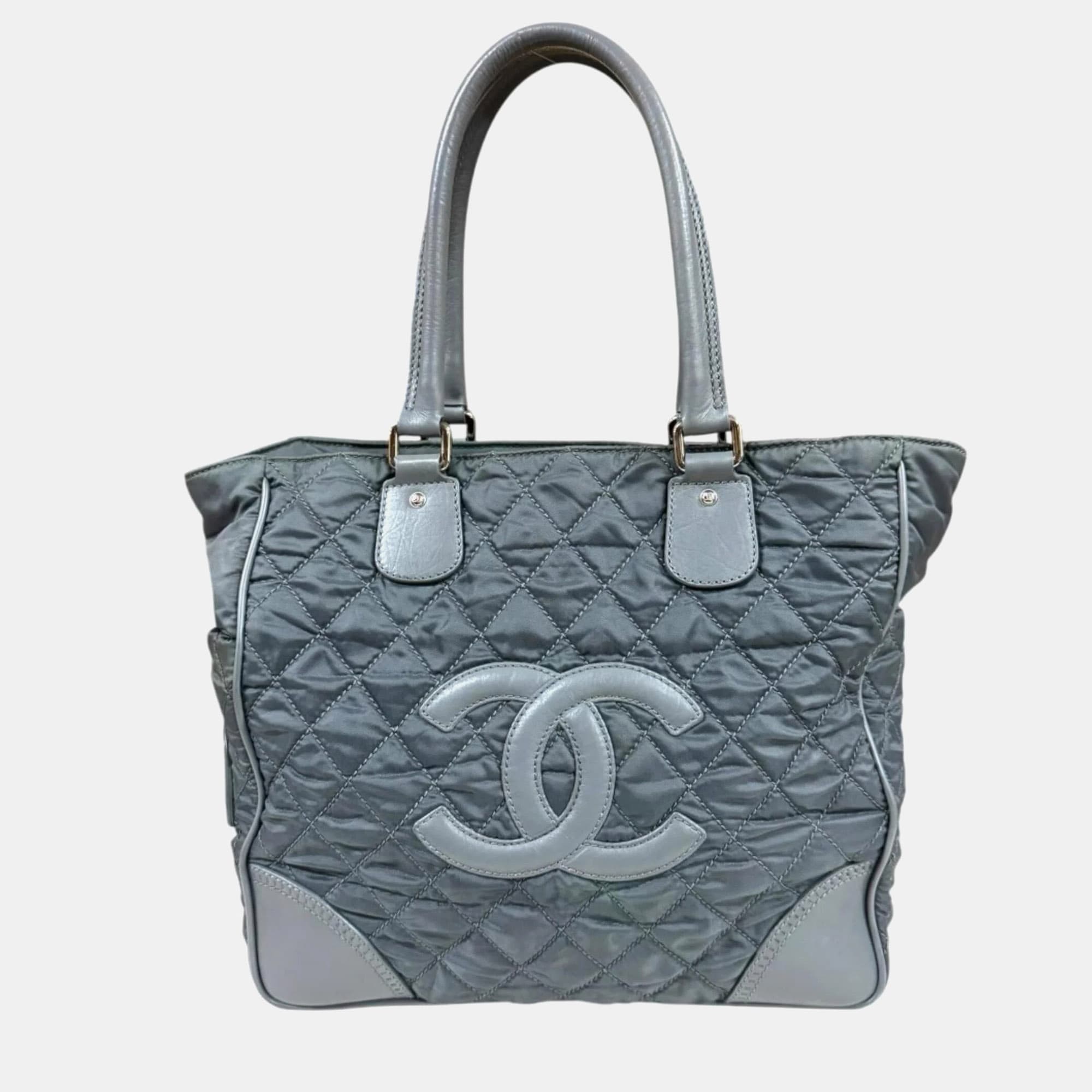 Chanel Paris New York Line Coco Mark Gray Nylon Leather Tote Bag