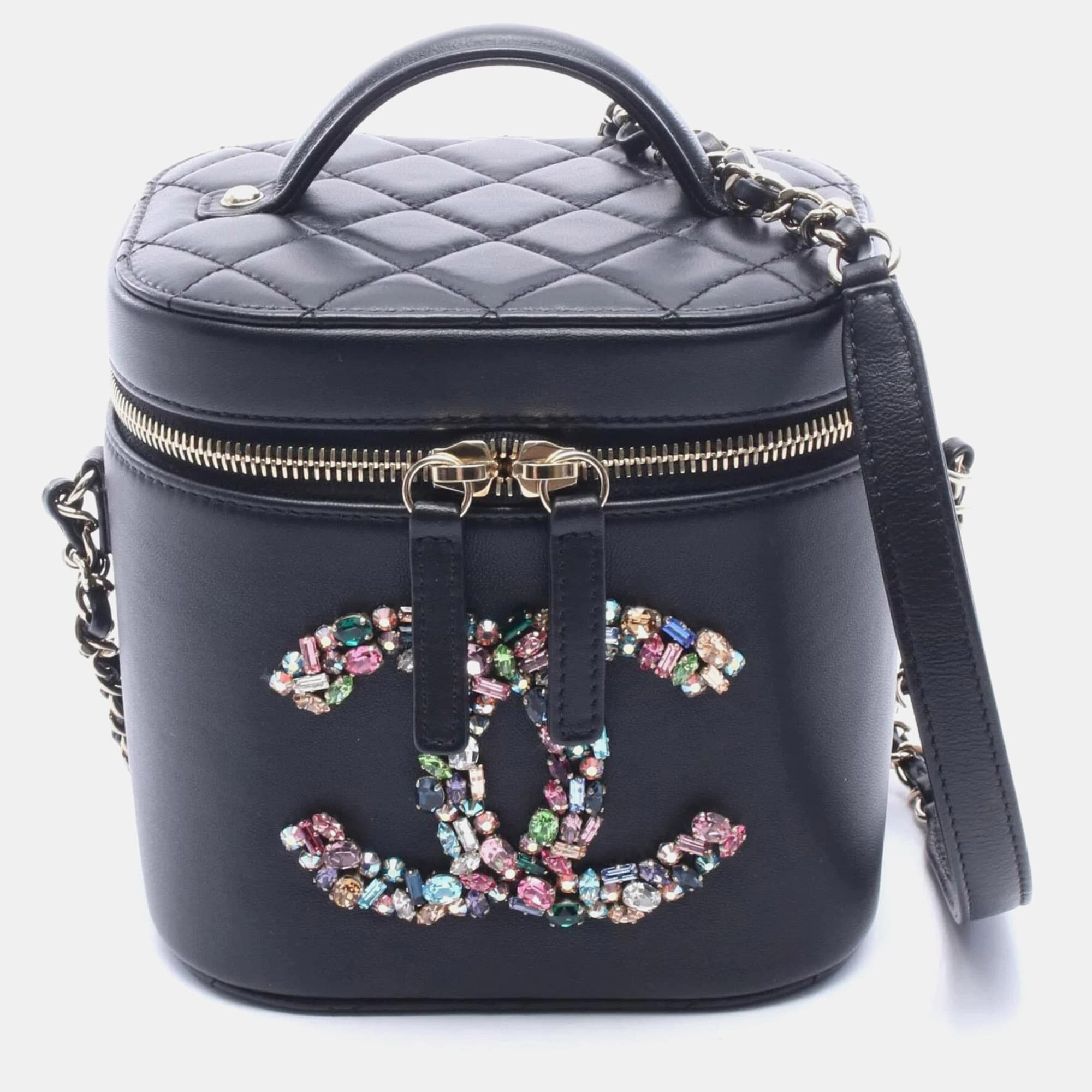 Chanel Crystal Mania Matelasse 15.5cm Black Lambskin Leather Vanity 2 -Way Shoulder Bag