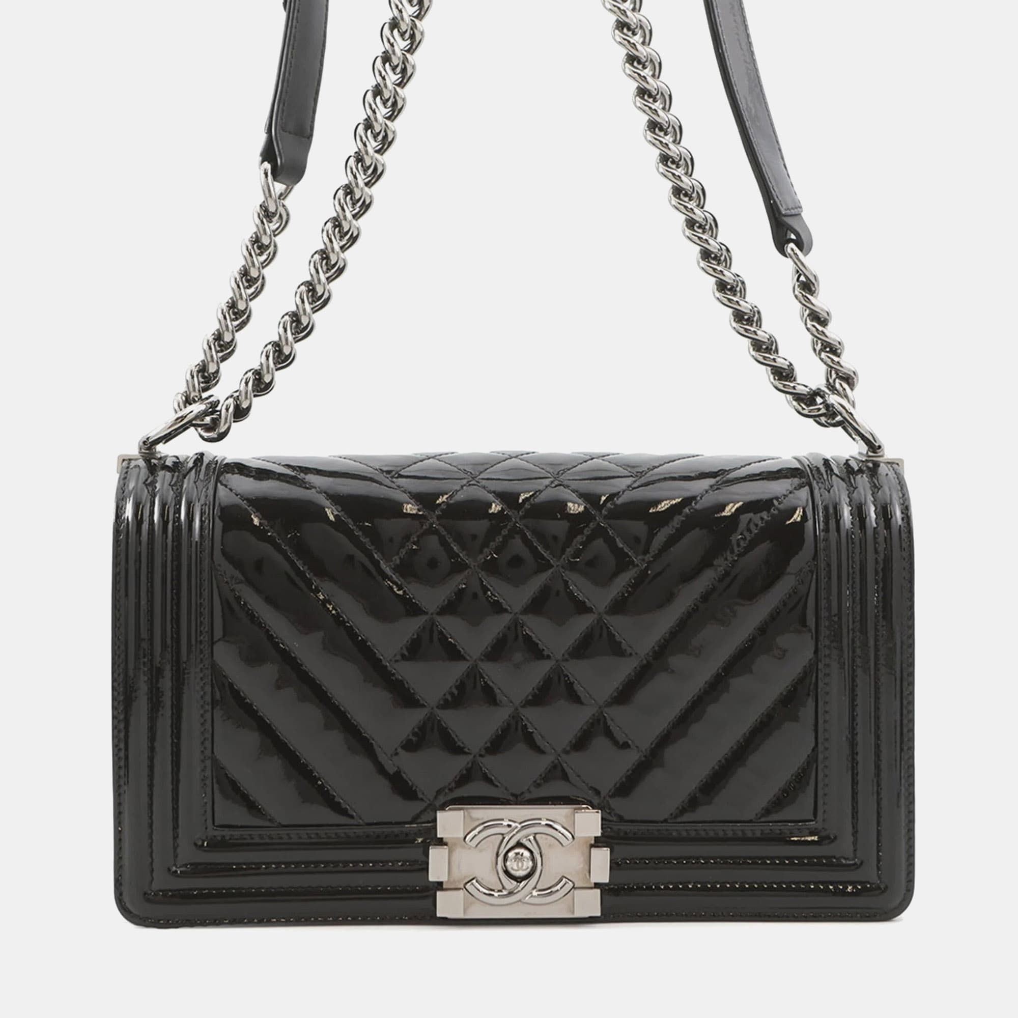 Chanel Boy 25 Black Patent Leather Shoulder Bag