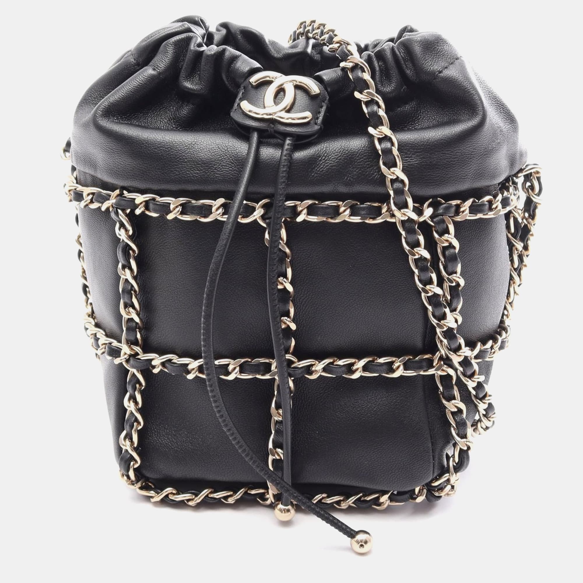 Chanel Drawstring Chain Cage Mini Black Lambskin Shoulder Bag