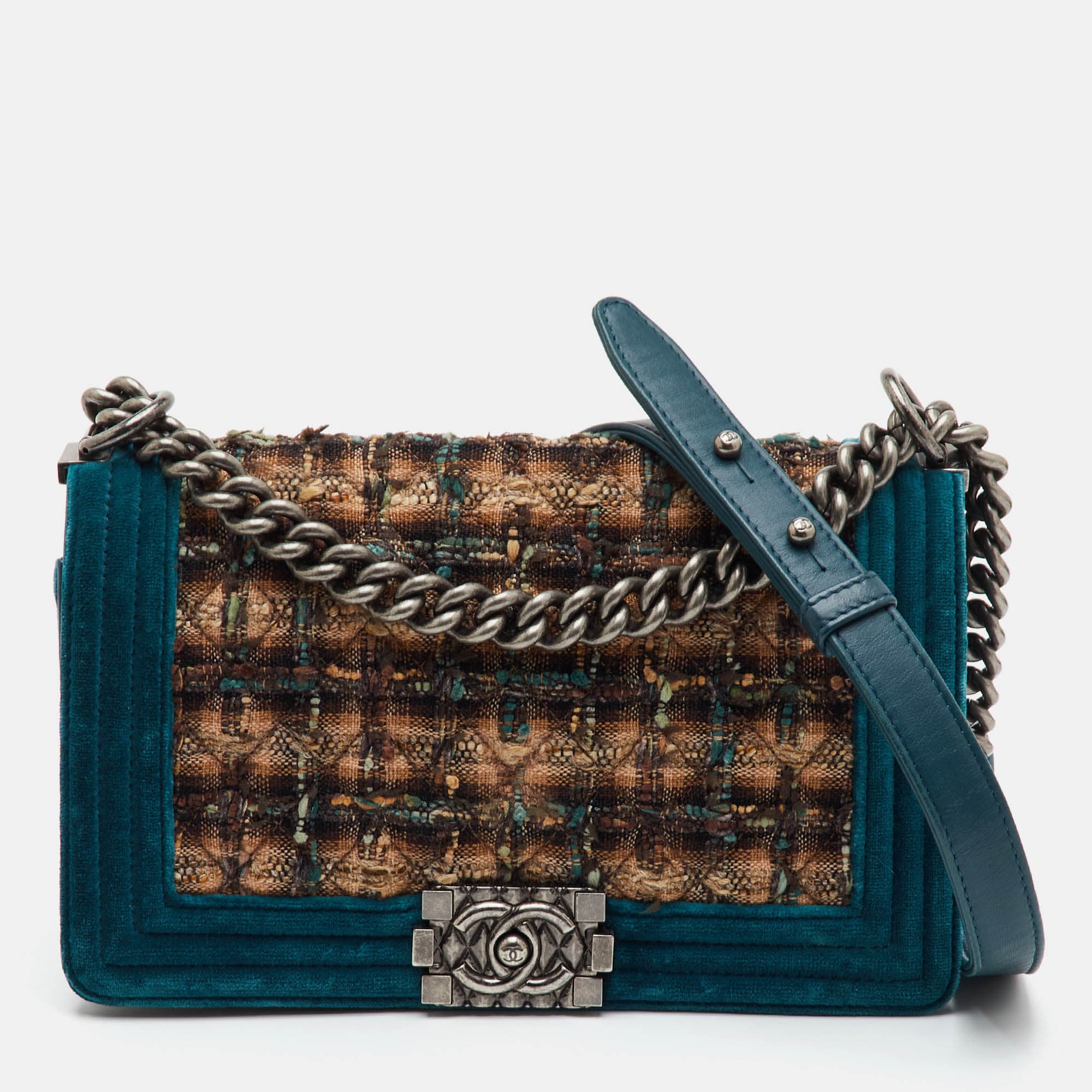 Chanel Boy Medium Multicolor Quilted Tweed and Velvet Flap Bag