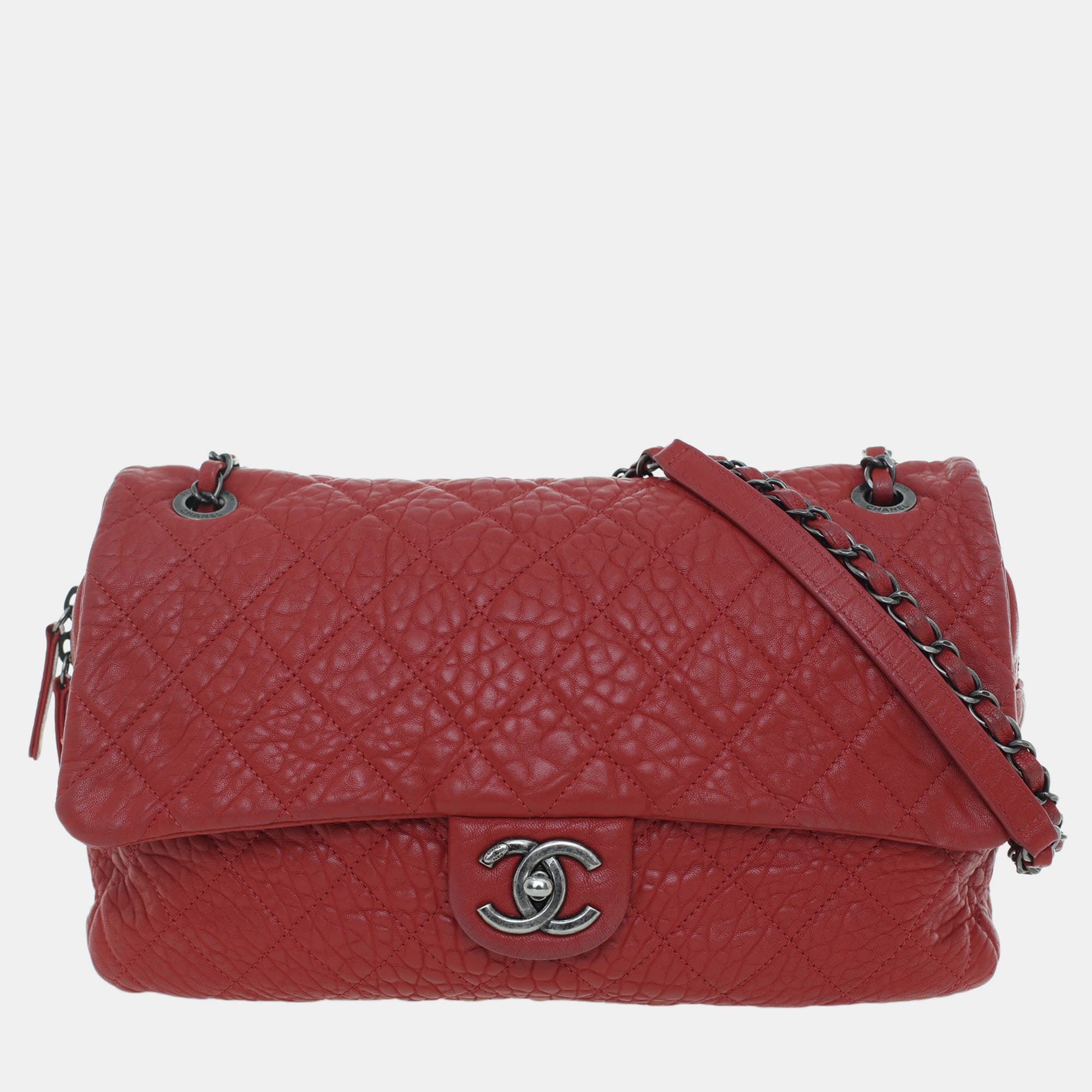 Chanel Quilted Easy Flap Bag Red Grained Calfskin Leather Shoulder Bag