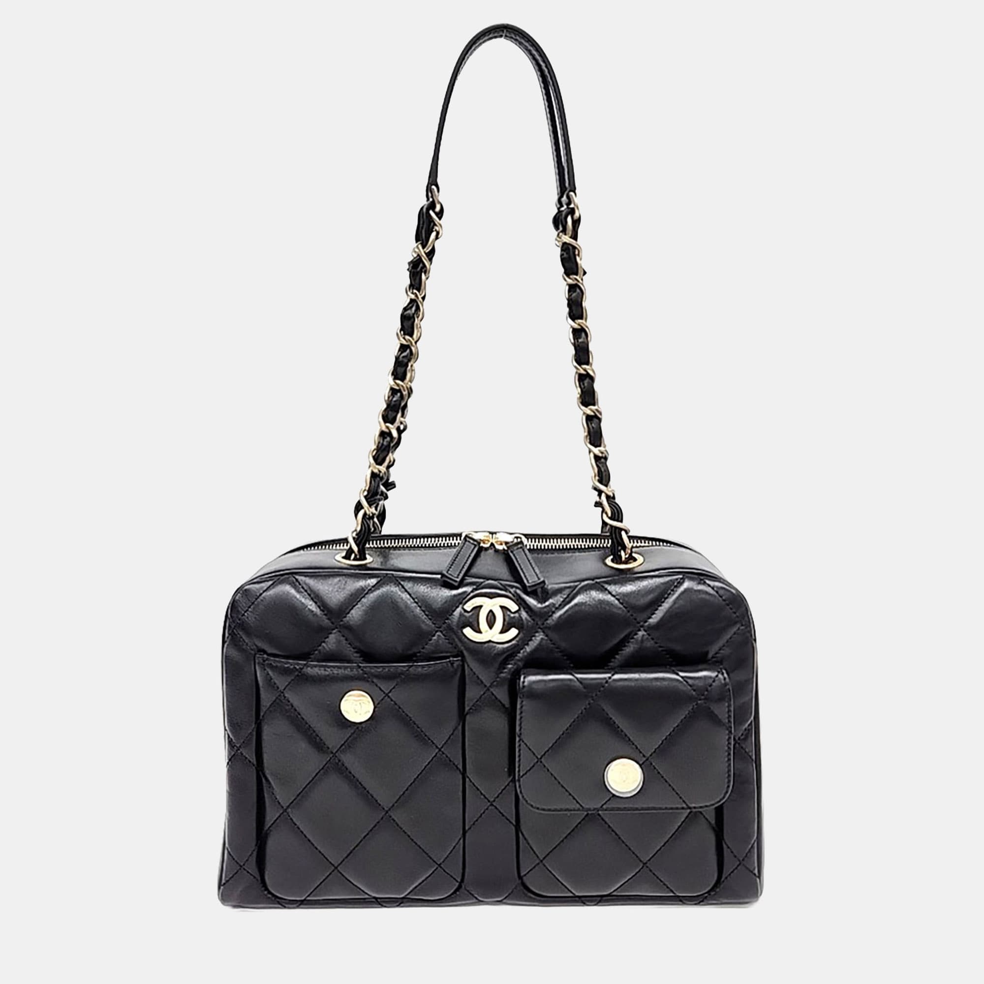 Chanel Pocket Chain Bowling Black Leather Shoulder Bag