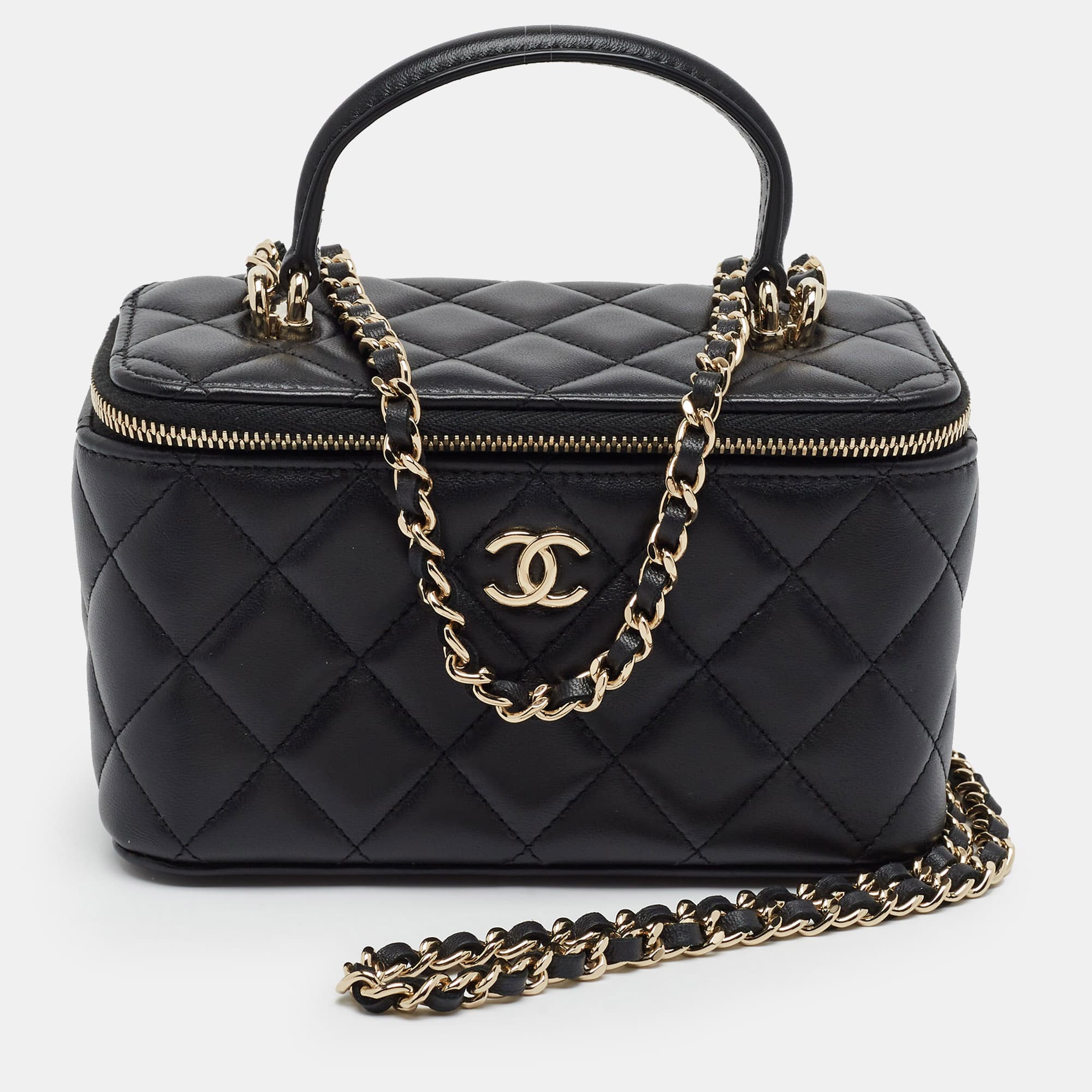 Chanel Vanity Case Black Quilted Leather Top Handle Bag