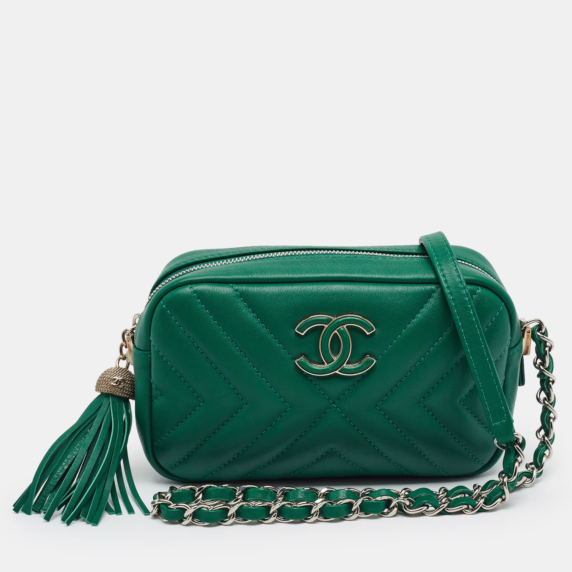 Chanel Tassel Green Diagonal Chevron Quilted Leather Camera Bag