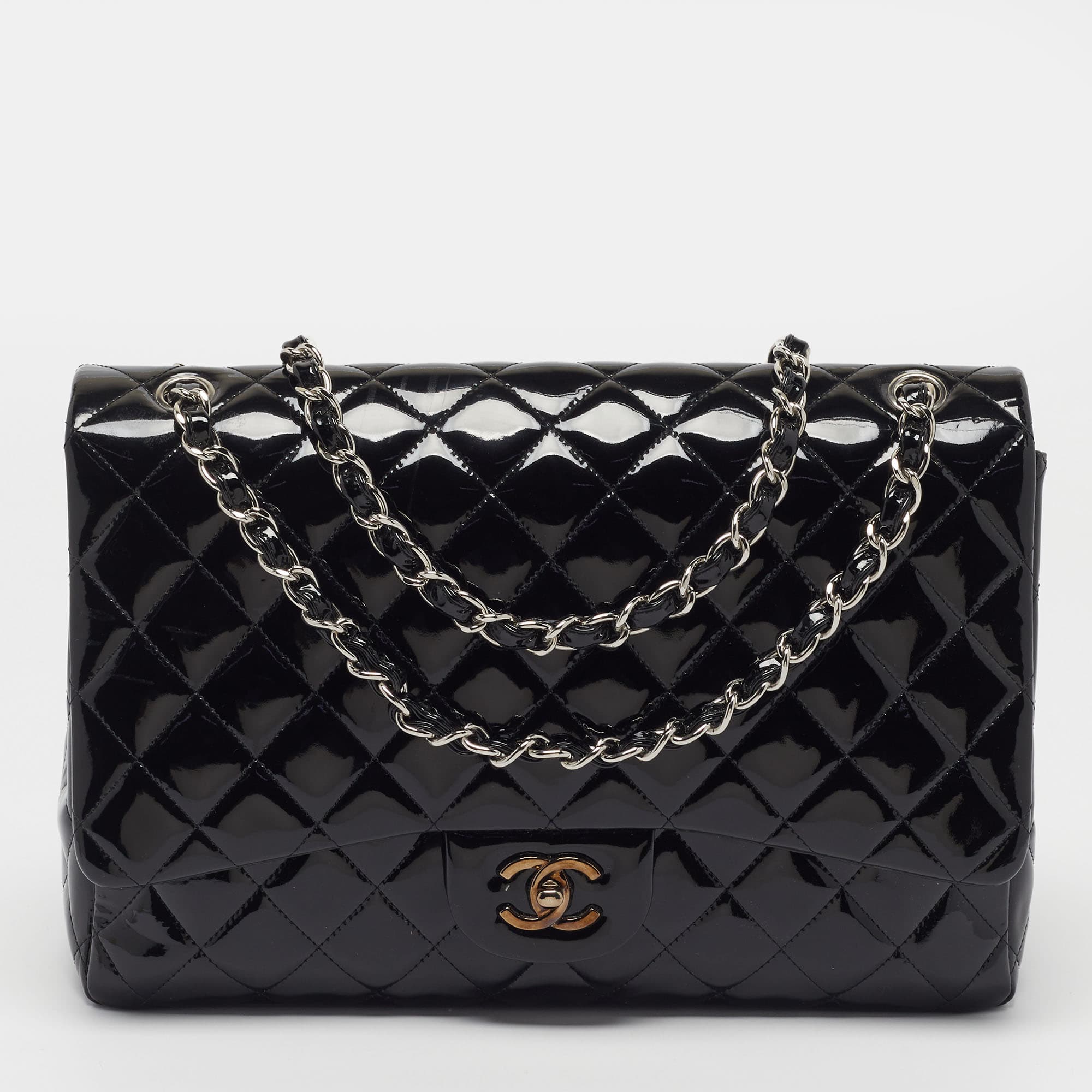 Chanel Classic Single Maxi Black Quilted Patent Leather Flap Bag