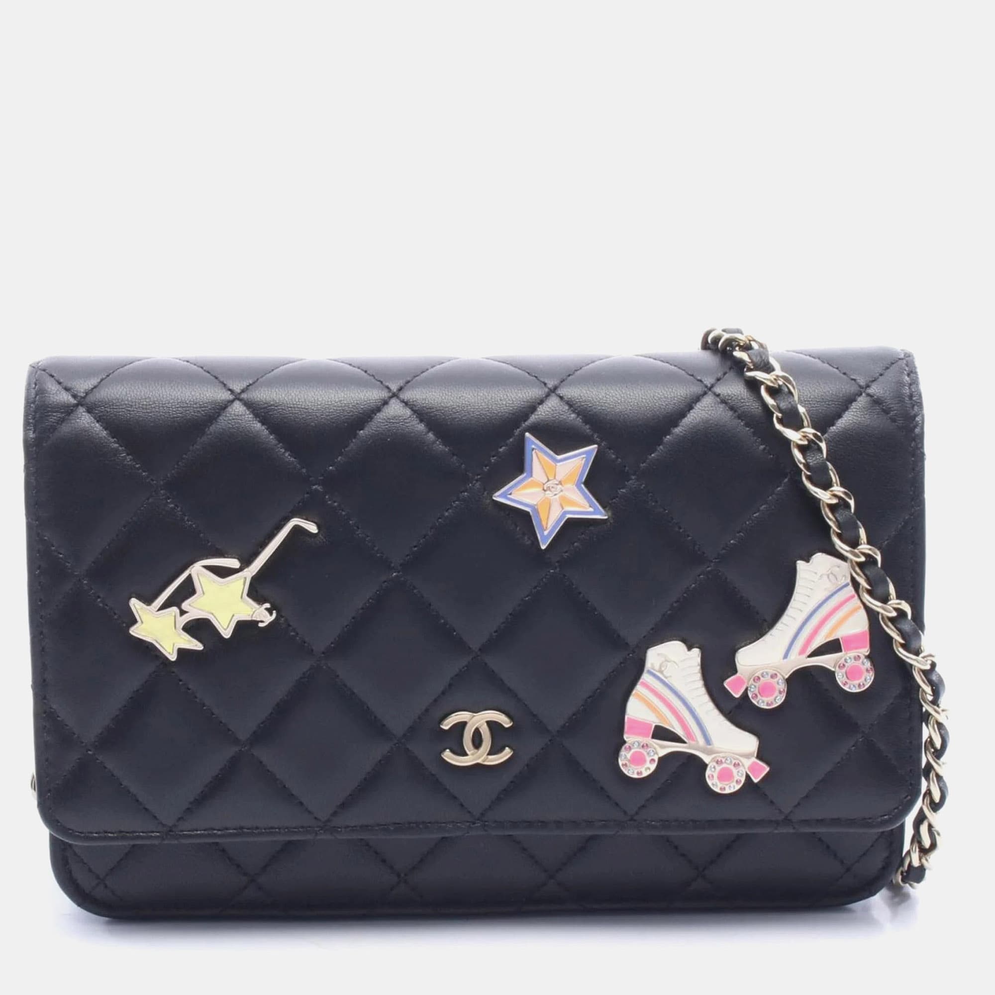 Chanel Classic Roller Skate Charms Black Lambskin Leather Wallet on Chain Bag