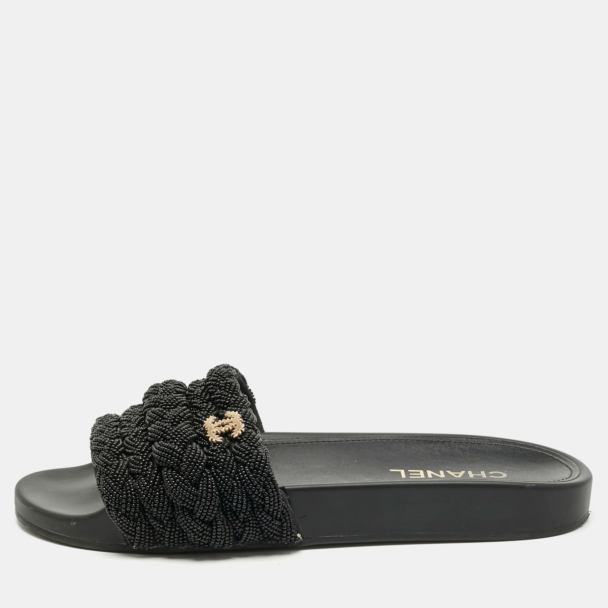 Chanel Black Leather and Pearls CC Pool Slides Size 42
