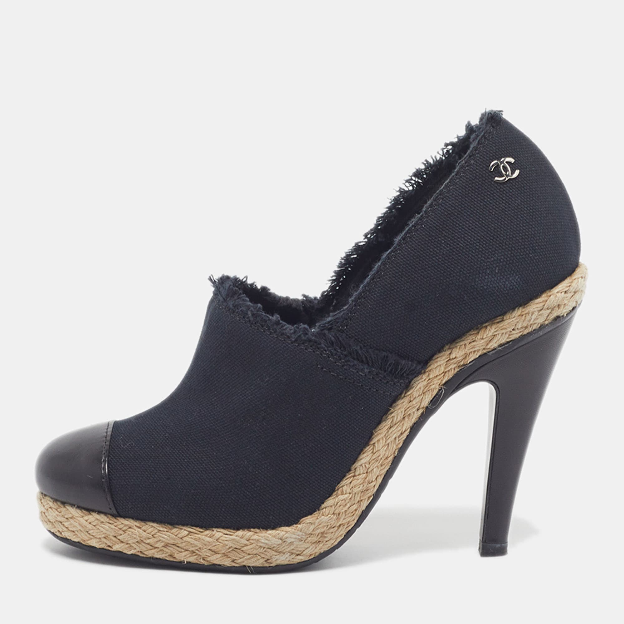 Chanel CC Cap Toe Size 36.5 Navy Blue/Black Canvas and Leather Booties