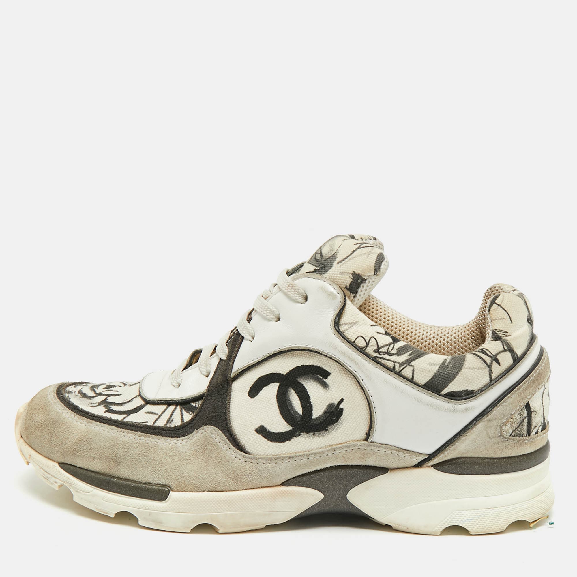Chanel CC Size 37 Tricolor Canvas and Suede Graphic Lace Up Sneakers