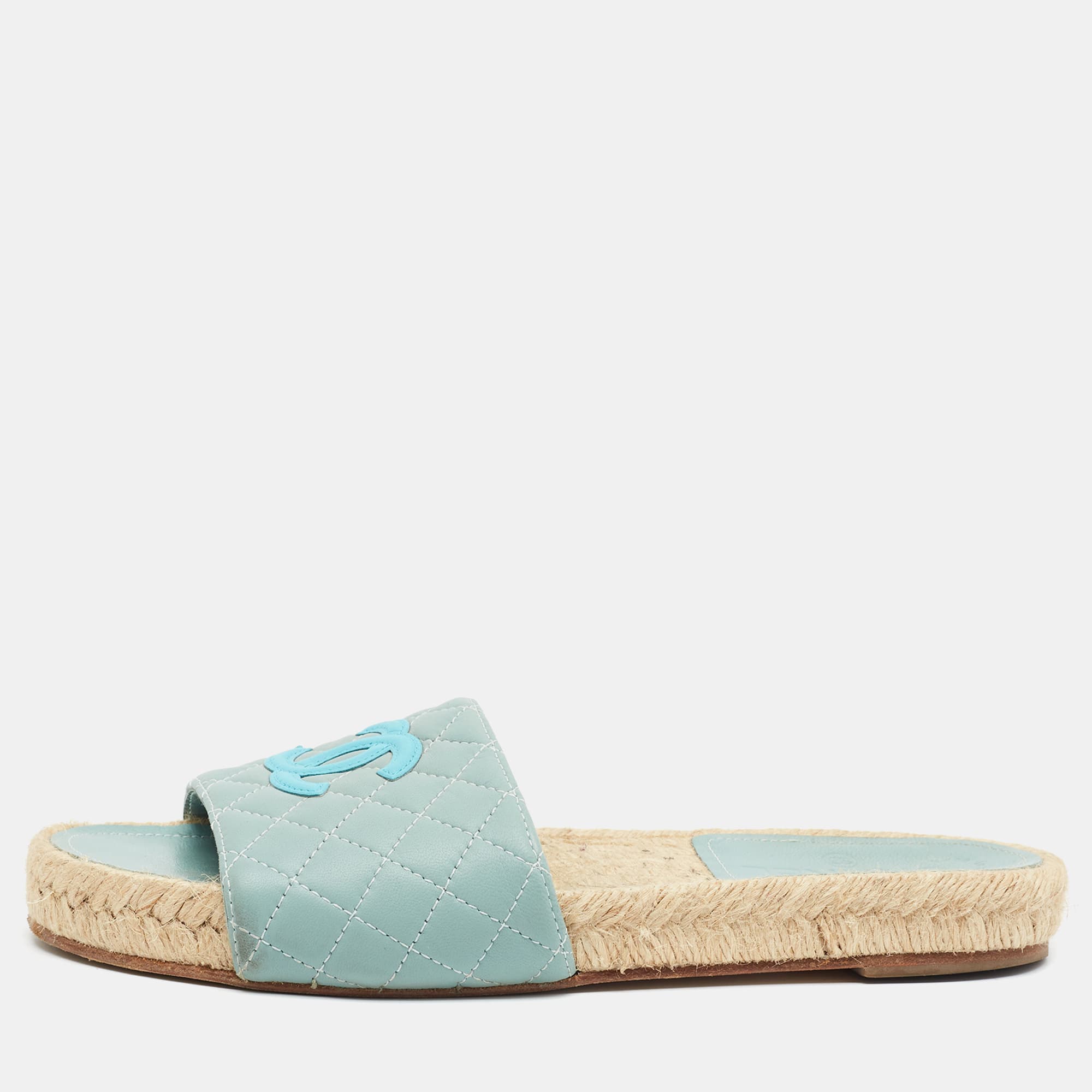Chanel CC Size 39 Blue Leather Espadrille Sandals