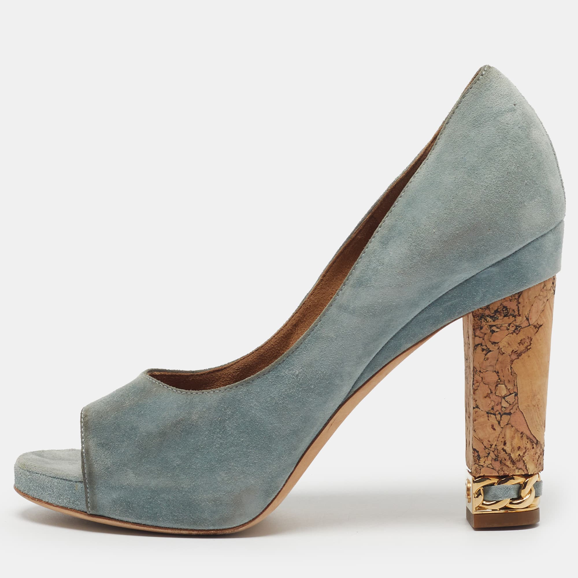 Chanel Size 36 Blue Suede Cork Heel Open Toe Pumps