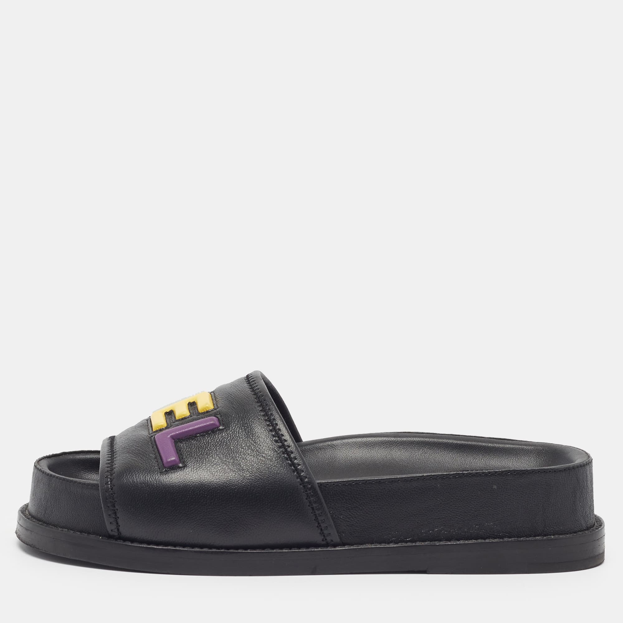 Chanel CC Size 36 Black Leather Rainbow Logo Flat Sandals