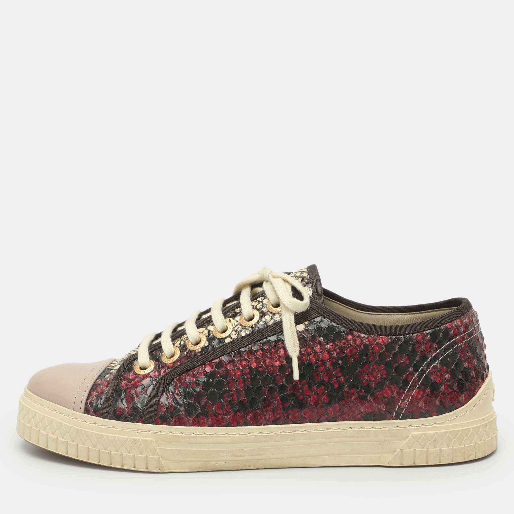 Chanel Size 38.5 Multicolor Leather and Python Leather Low Top Sneakers