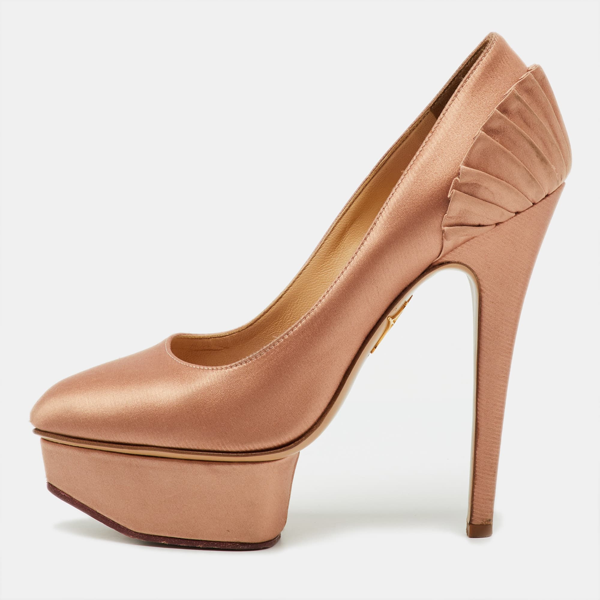 Charlotte Olympia Metallic Bronze Satin Paloma Fan Pleat Platform Pumps Size 35.5