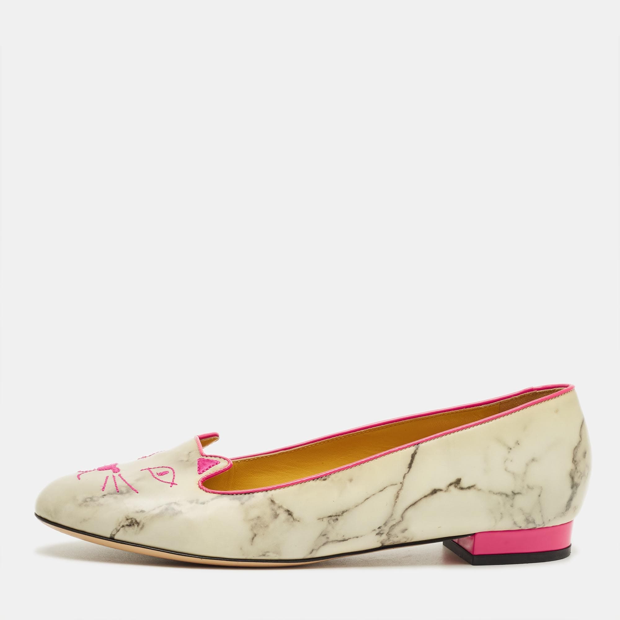 Charlotte Olympia Grey/Pink Leather Cheeky Kitty Smoking Slippers Size 40