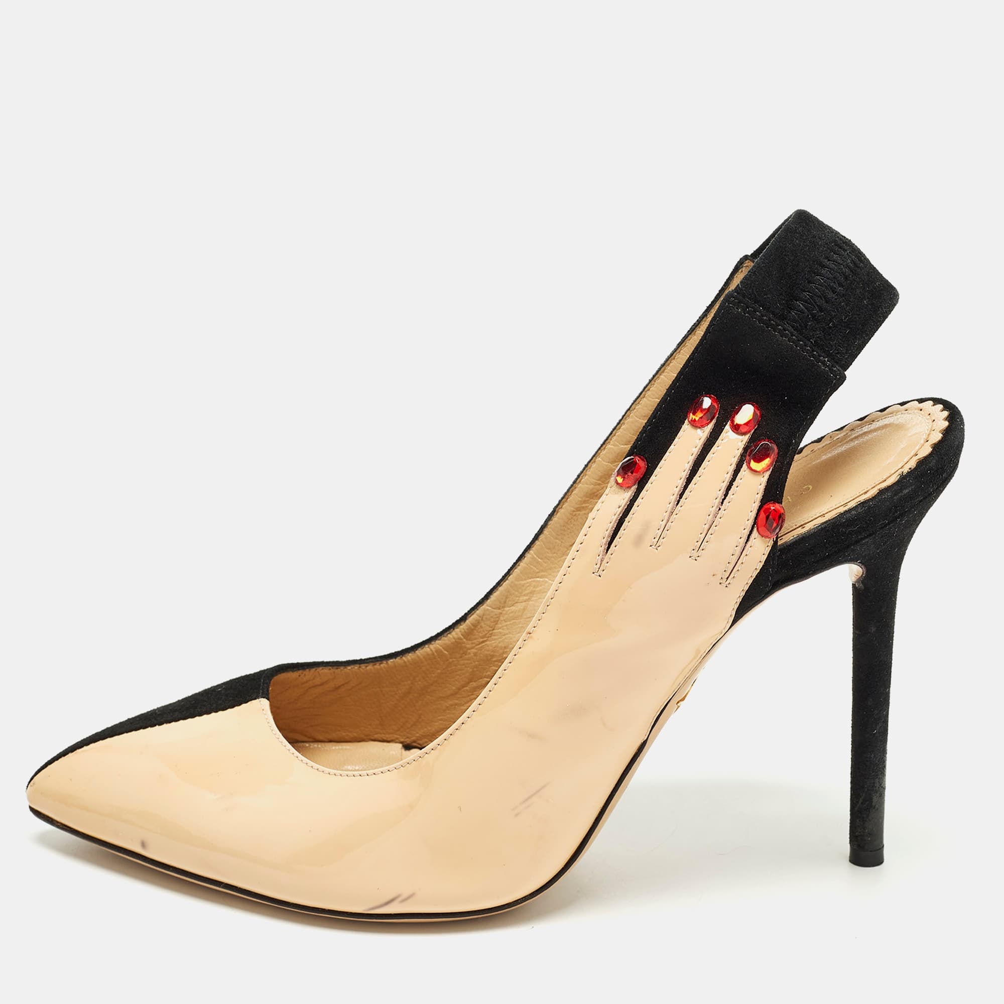 Charlotte Olympia Size 36 Beige/Black Patent Leather and Suede Slingback Pumps