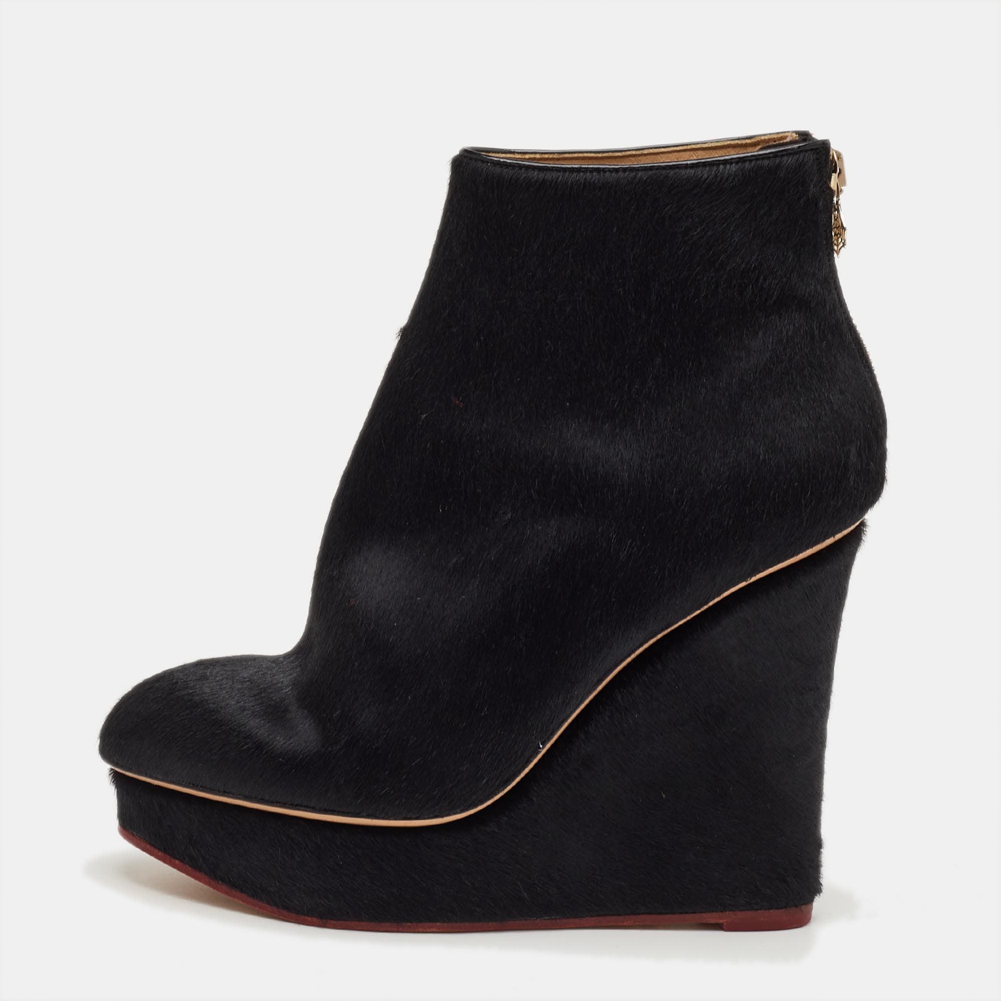 Charlotte Olympia Size 37 Black Calf Hair Platform Wedge Ankle Length Boots