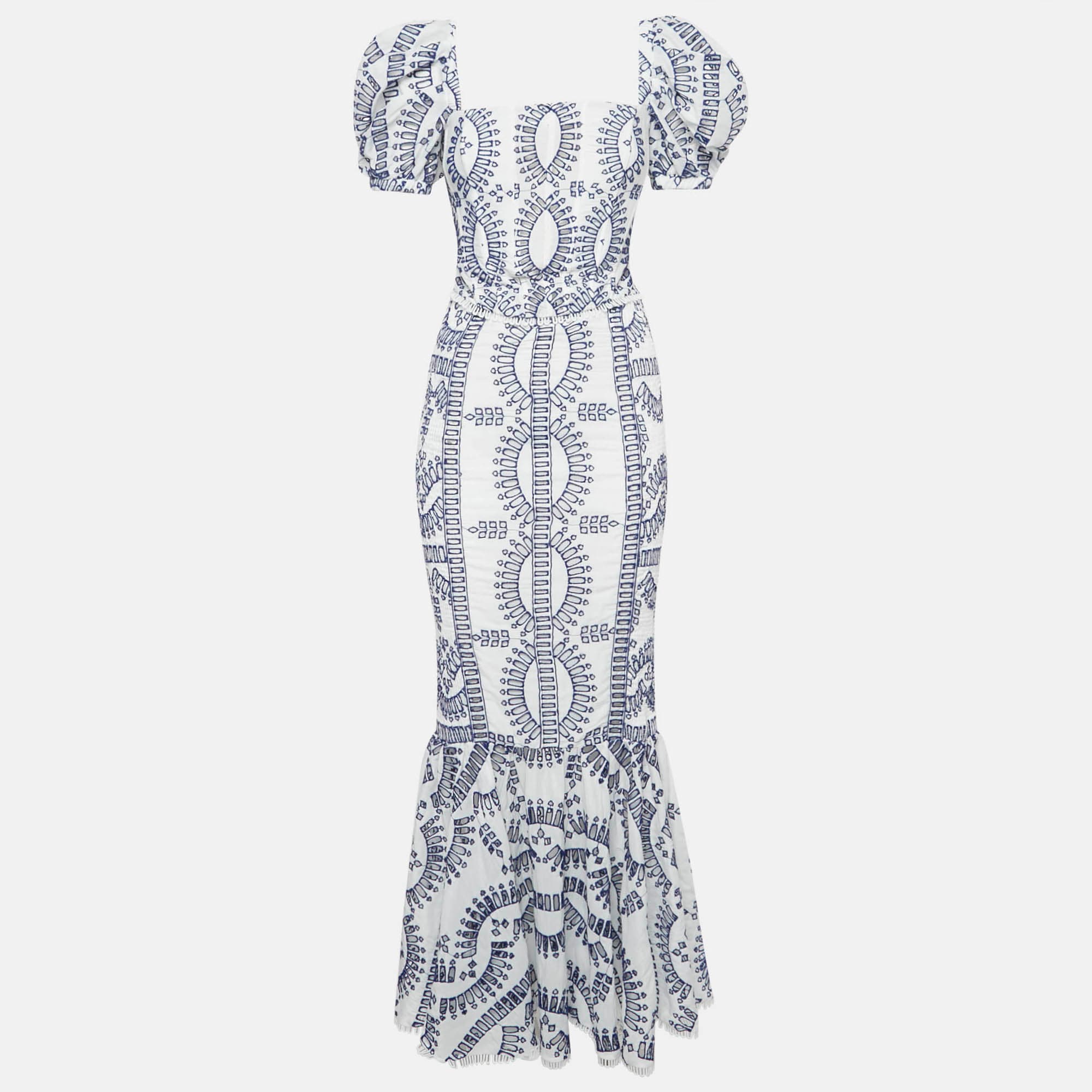 Charo Ruiz White/Blue Broderie Anglaise Shirring Top and Skirt Set S