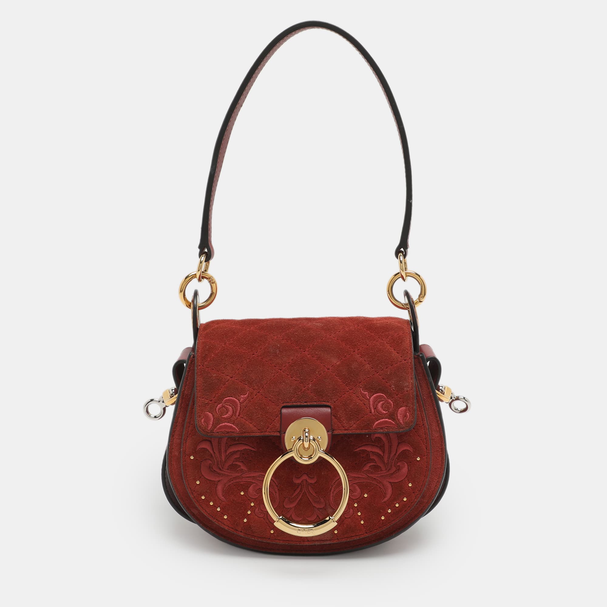Chloe Tess Embroidered Red Leather and Suede Shoulder Bags