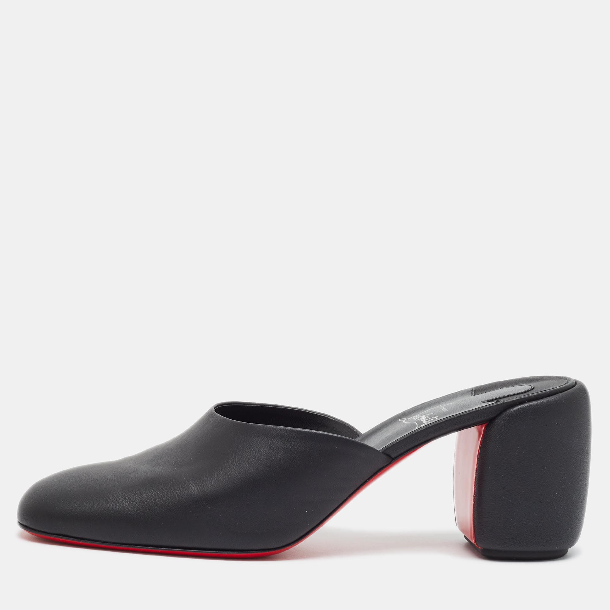 Christian Louboutin Size 42 Black Leather Block Heel Mules