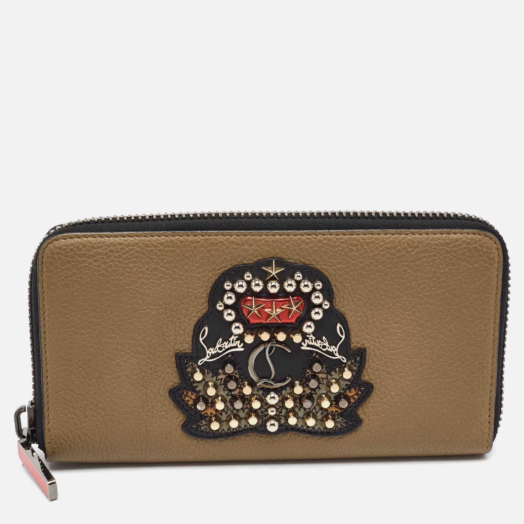 Christian Louboutin Studded Panettone Olive Green Leather Continental Wallet